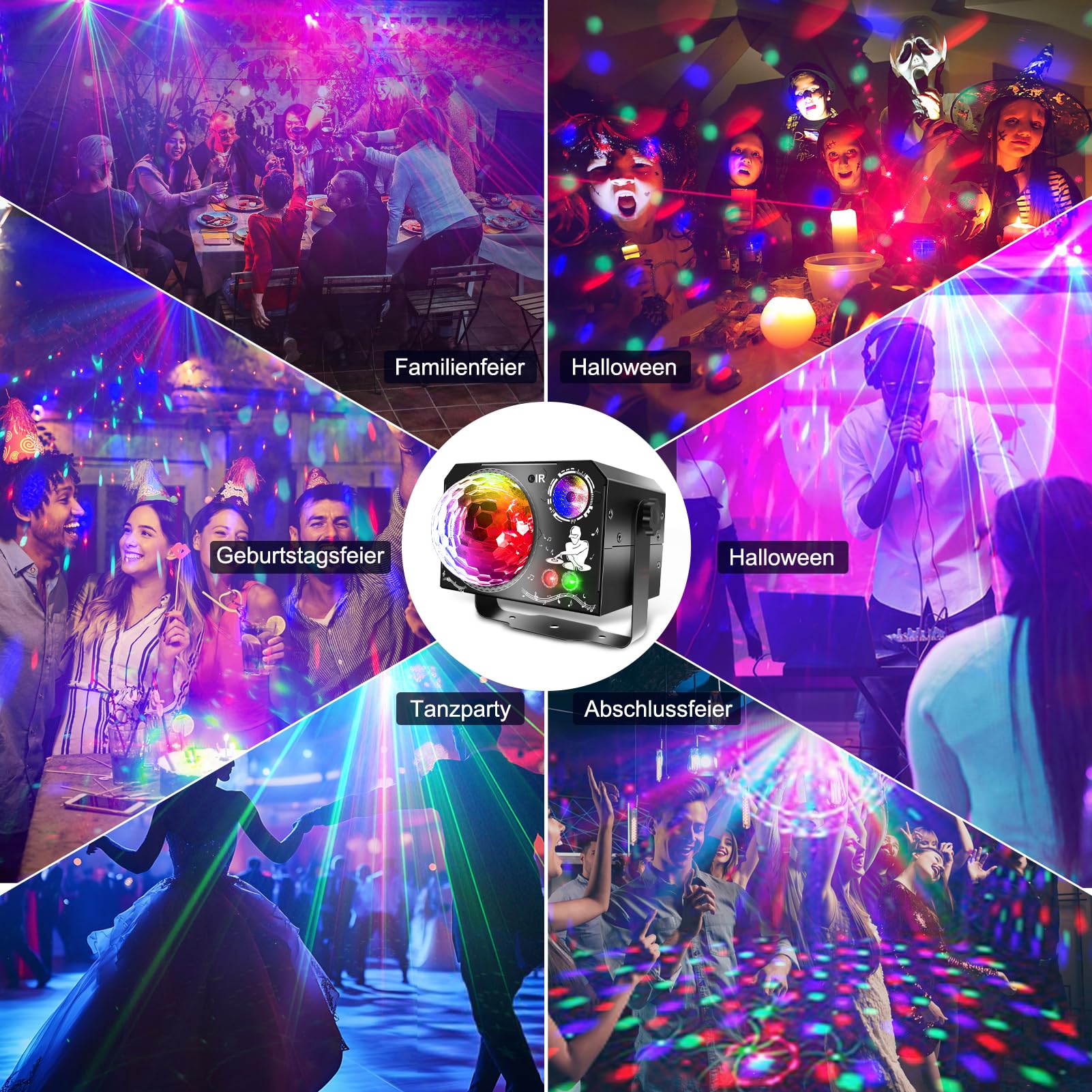 4 in 1 Discokugel, Fwiull DJ Discolicht Partylicht 65 Muster, Musikgesteuert Disco Party Licht, RGB UV Stroboskop, Sprachsteuerte Party Lampe mit 2M USB für Party Fest Klub Halloween Weihnachten