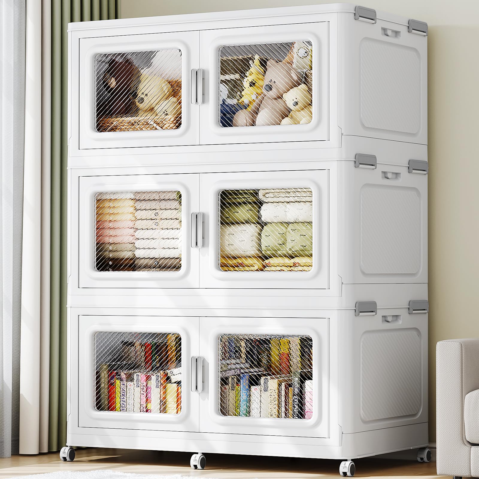 165Gal Extra Large Storage Bins with Lid, 660Qt Plastic Stackable Storage Bins with Wheels, Collapsible Closet Organizer and Storage Drawers, Storage Cabinets for Home, Office, 3 Pack, White