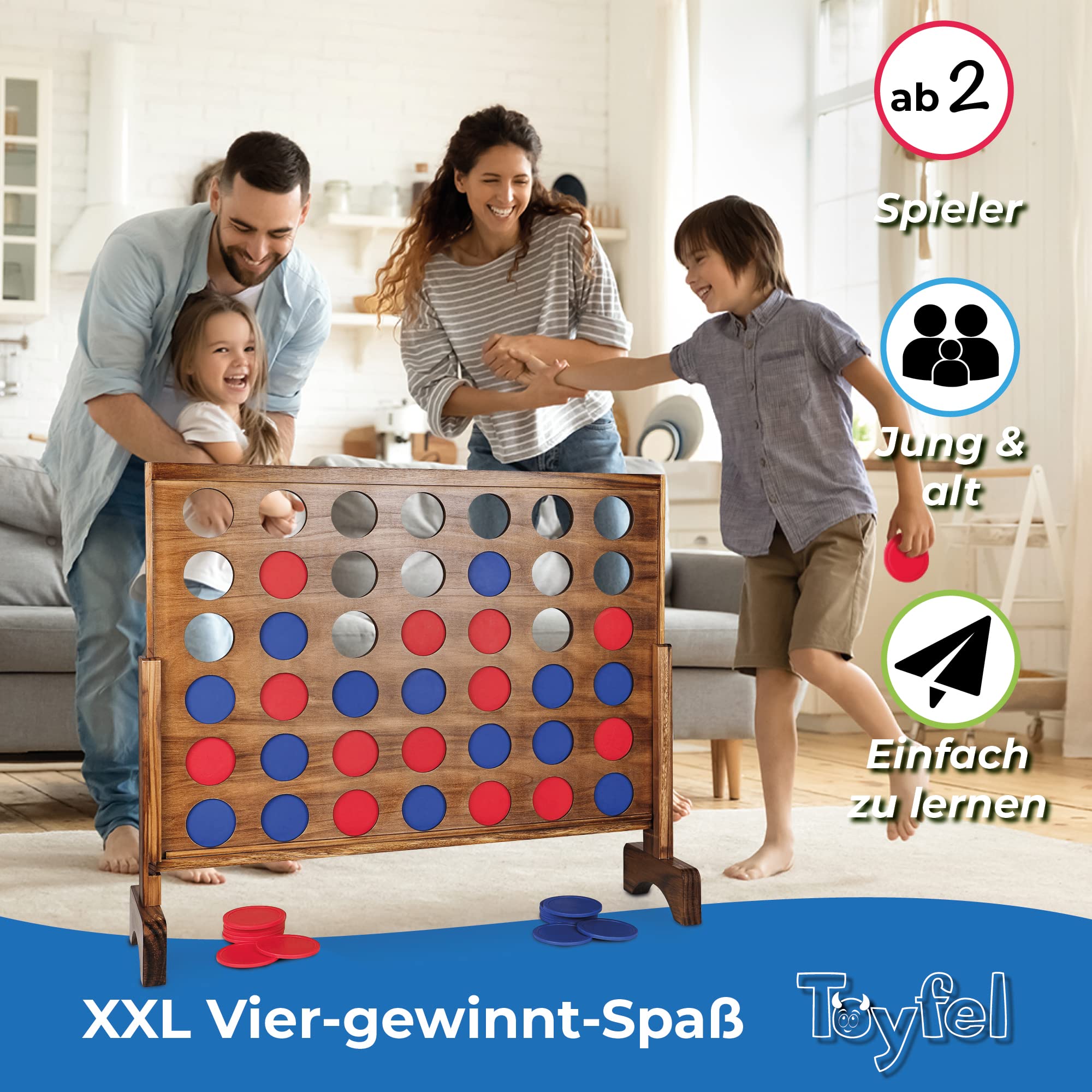 Toyfel Vier Gewinnt Spiel XXL Holzspielzeug aus FSC® Holz Indoor & Outdoor | Groß Spielklassiker Premium Gesellschaftsspiel für Erwachsene & Kinder ab 4 Jahren Spiele Strategiespiel Familienspiel Ace