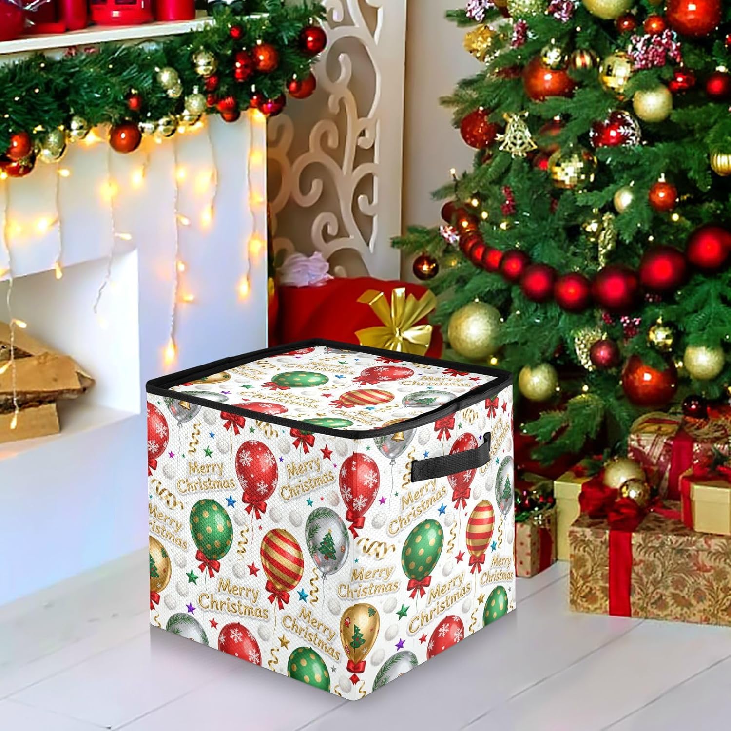 High Capacity Christmas ornament storage containers Holds Up to 64, Adjustable Dividers, Zippered Top, Two Handles sturdy Holiday Storage Case with Lid,Merry Christmas Colorful Balloons