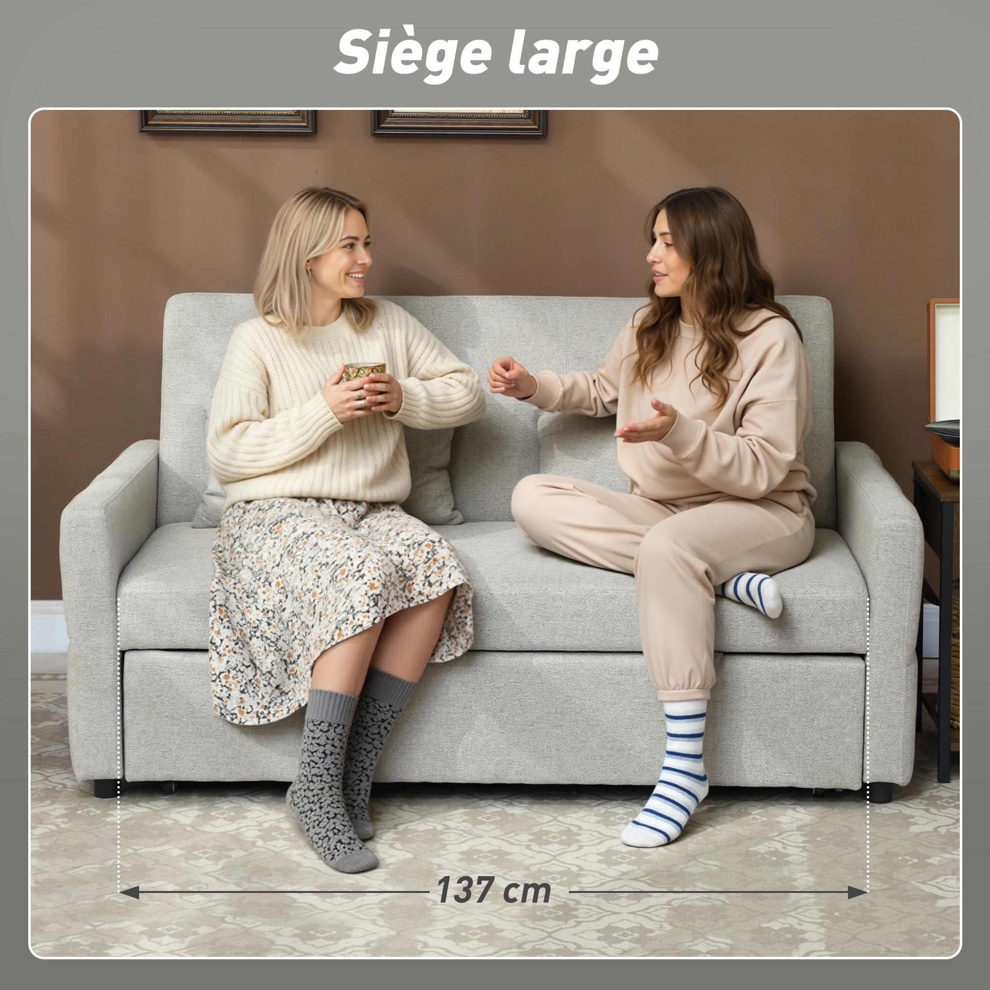 HOMCOM Canapé Convertible 2 Places 3 en 1, canapé-lit clic-clac 137x180cm, lit gigogne, Dossier réglable, 2 Coussins, Assise Large, Tissu Lin, pour Salon, Appartement, Petit Espace, Marron Clair