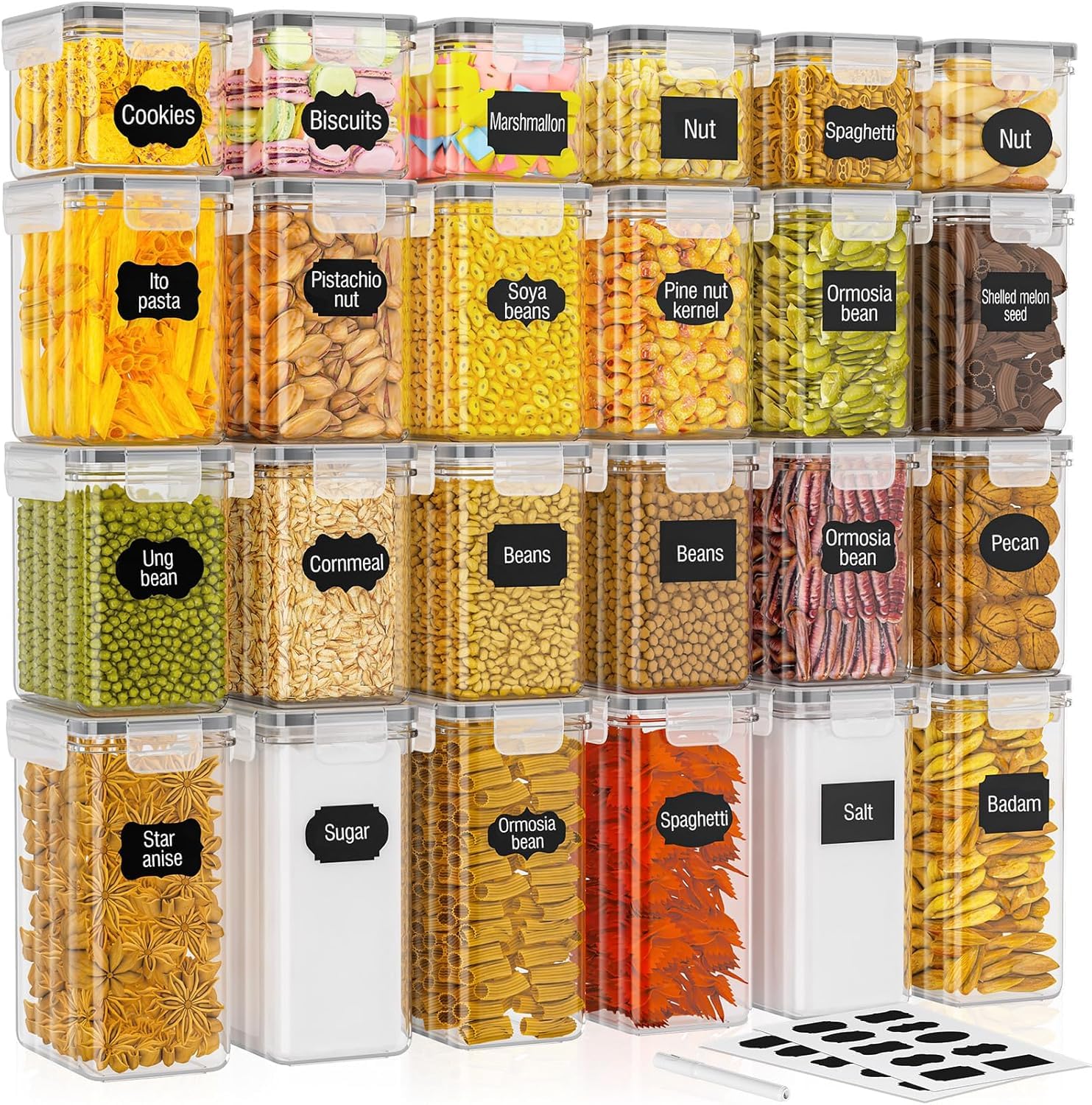 24 Pack Food Storage Containers - BPA Free, 33.6L Airtight Kitchen Storage for Cereal, Flour, Sugar & Baking Supplies with 24 Labels & 1 Marker