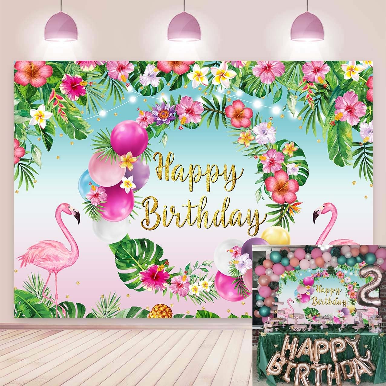 Summer Happy Birthday Backdrop Tropical Hawaiian Flamingo Flowers Palm Leaves Summer Beach Photography Background Aloha Beach Baby Shower Luau Party