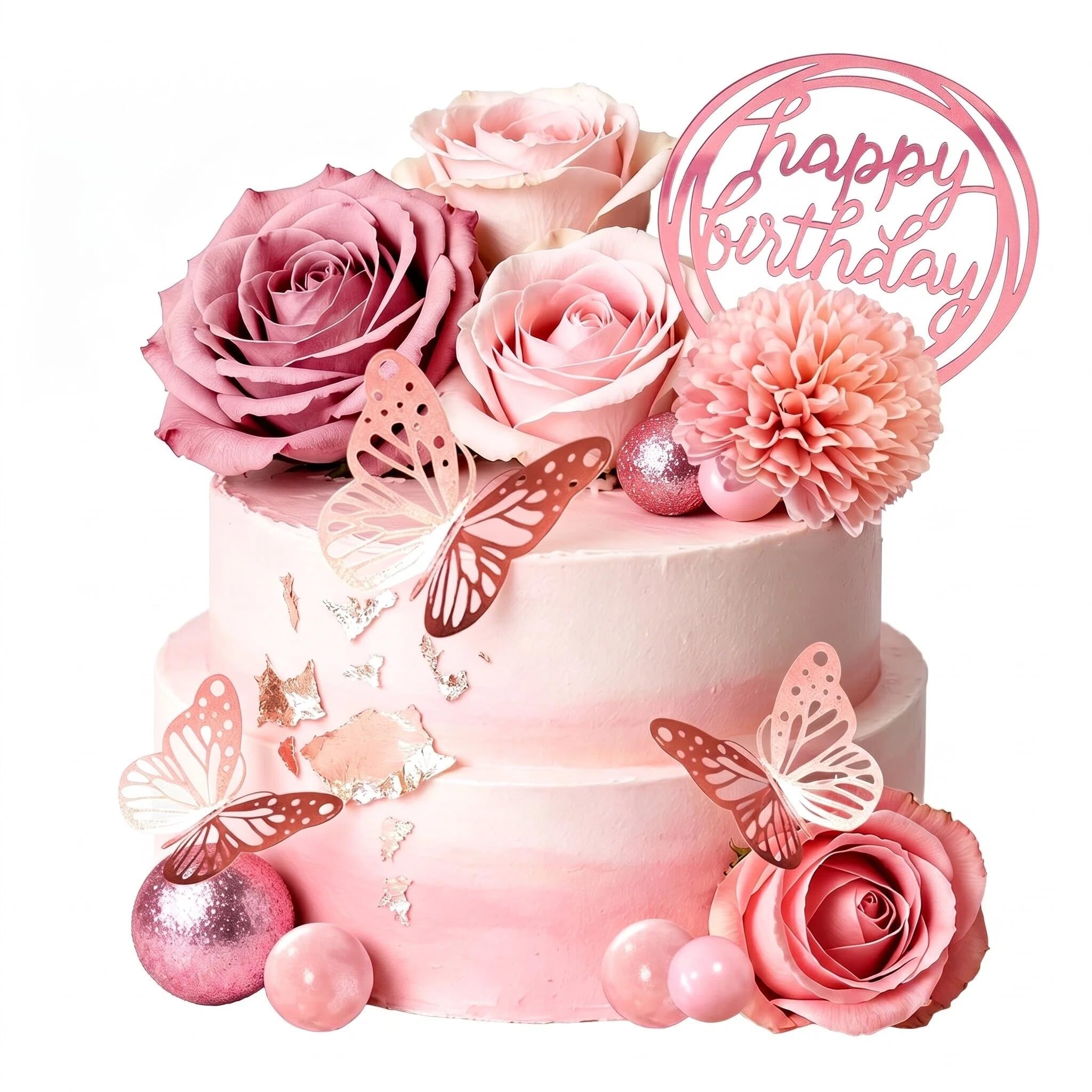 27 Pcs Artificial Flower Cake Decorations Set, Happy Birthday Cake Topper with Rose Gold Butterflies & Balls, Boho Cake Flowers for Women Girls Birthday Party Baby Shower Wedding Supplies