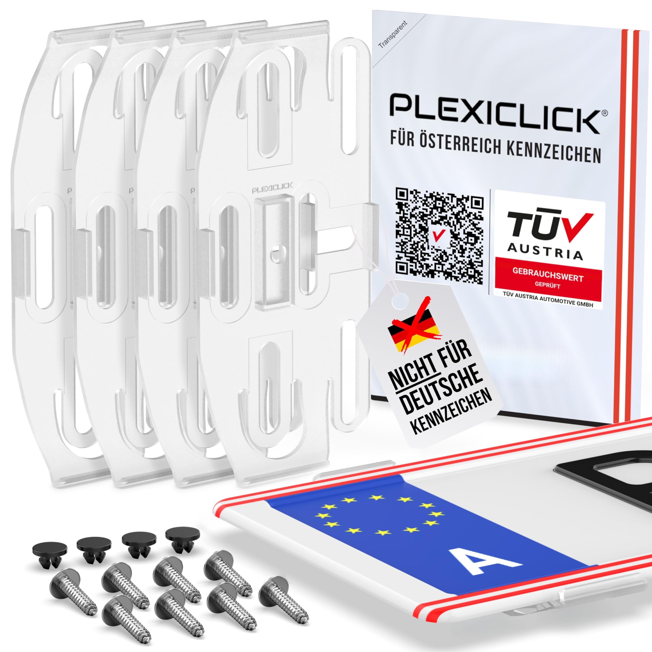 PLEXICLICK® Österreich | Kennzeichenhalter Rahmenlos unsichtbar | Rahmenlose Kennzeichenhalterung | Nummernschildhalter Transparent | Fahrzeugpflege | Wechselkennzeichen Auto