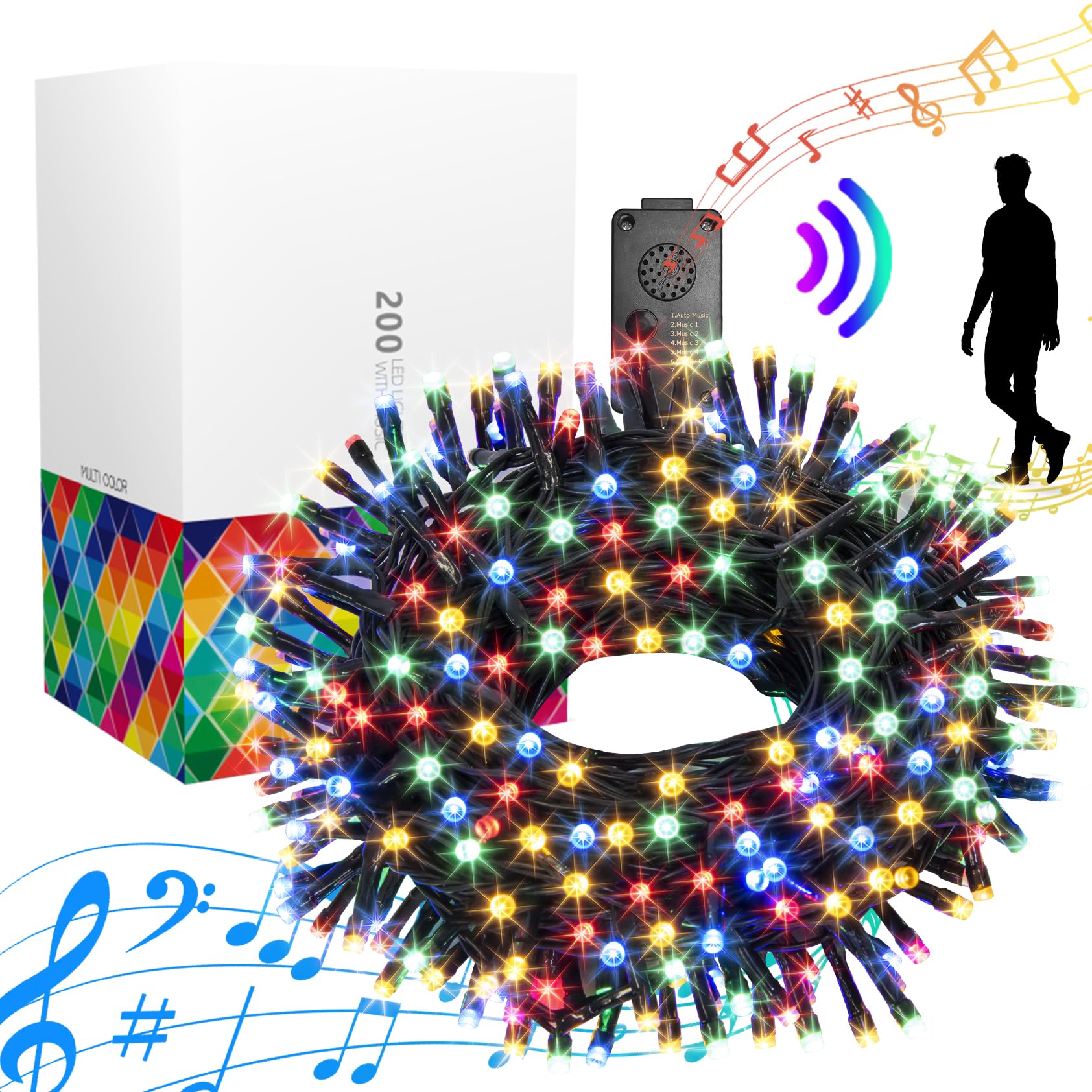 Vanthylit 82 FT 200 LED Christmas String Lights, Outdoor Christmas Music Light Waterproof, Motion Sensor Christmas Multicolor Lights with 6 Modes for Yard Patio Garden Xmas Tree Decor