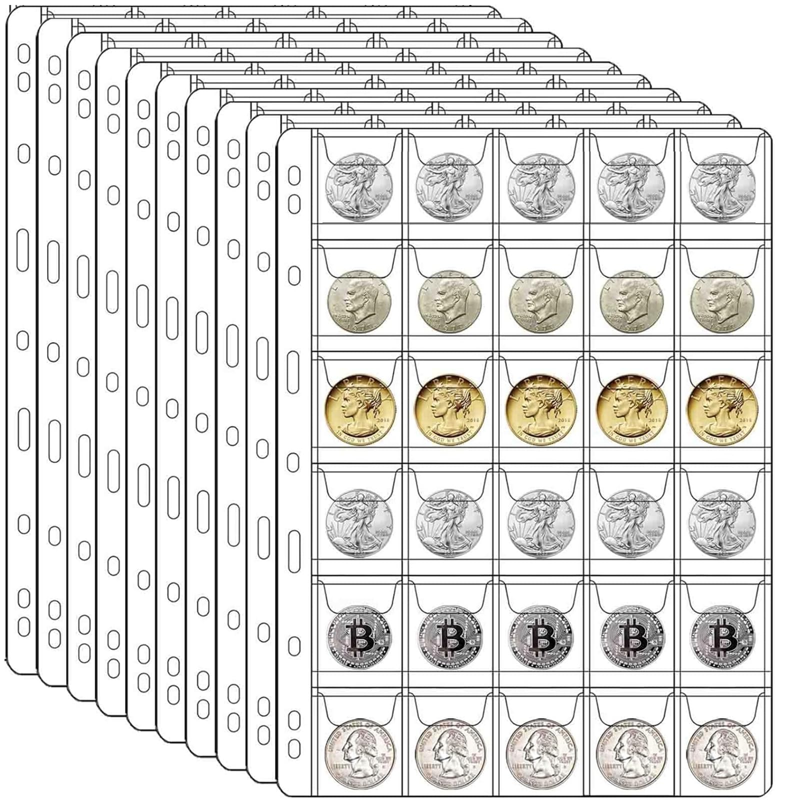 Ettonsun 300 Pockets Coin Collection Pages 10 Coin Sheets Standard 9-Hole Coin Collection Book Album Inserts Coin Holder Collecting Sleeves (30-Pocket, 1.38x1.38 in)