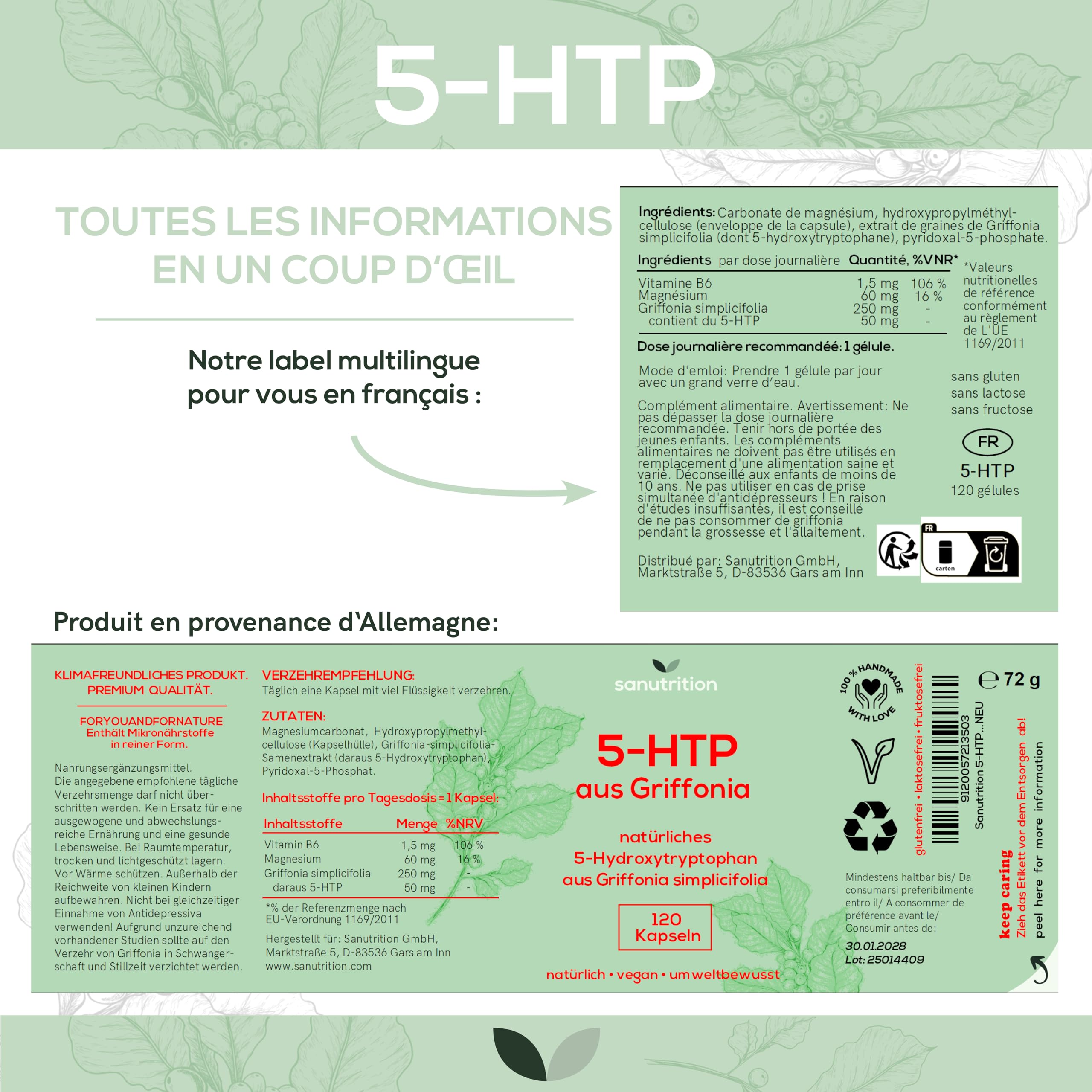 5-HTP 50 | 120 gélules végétaliennes | booster l'humeur | à partir d'extrait de Griffonia (20 % 5-hydroxytryptophane) | Formation de sérotonine | Avec magnésium et vitamine B6 | Boîte en papier