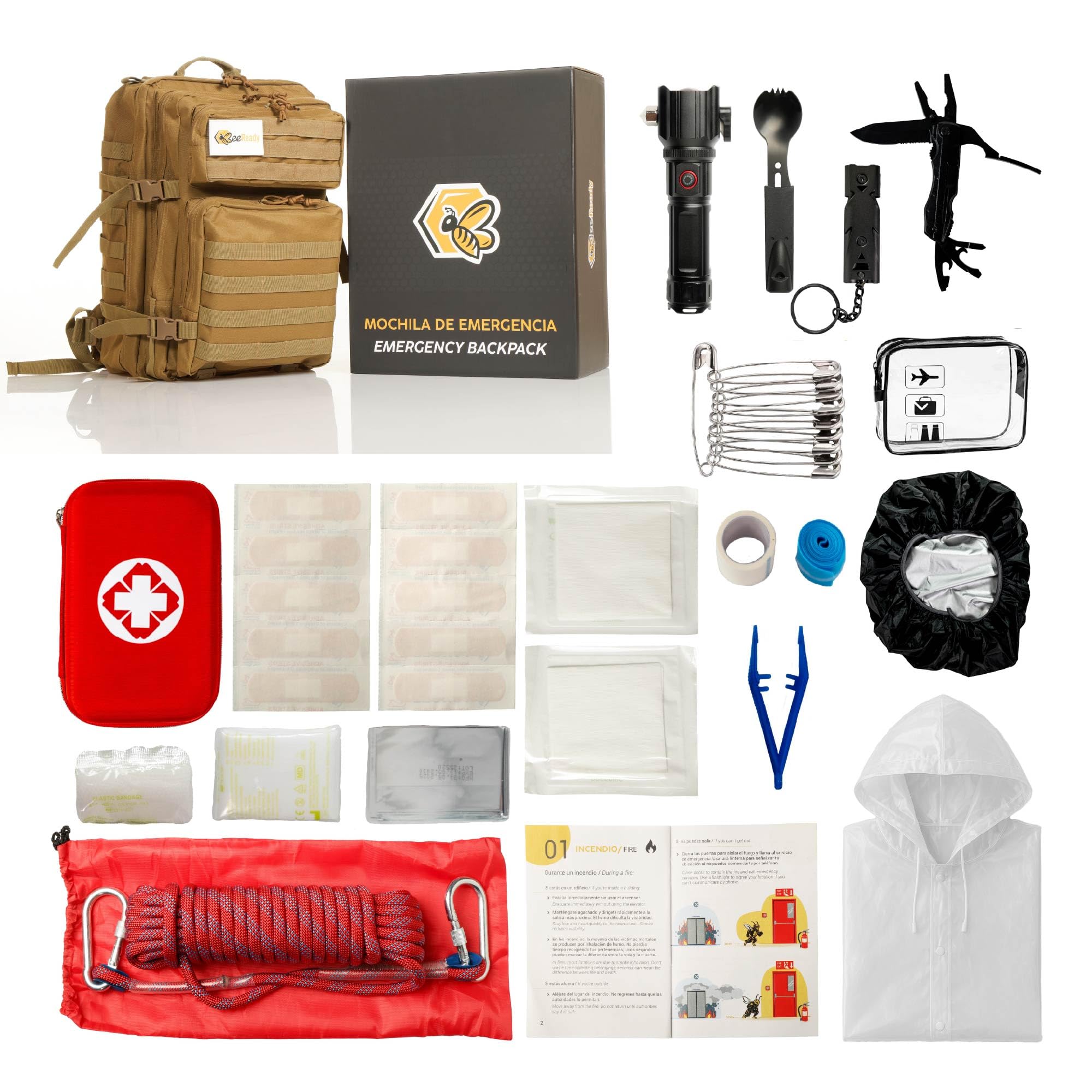 Kit Supervivencia Emergencia Completo – Mochila militar 45L, Linterna LED táctica, Botiquín de primeros auxilios, Cuchillo multiherramienta, Manta térmica– 25 piezas, 3 colores (Marrón)