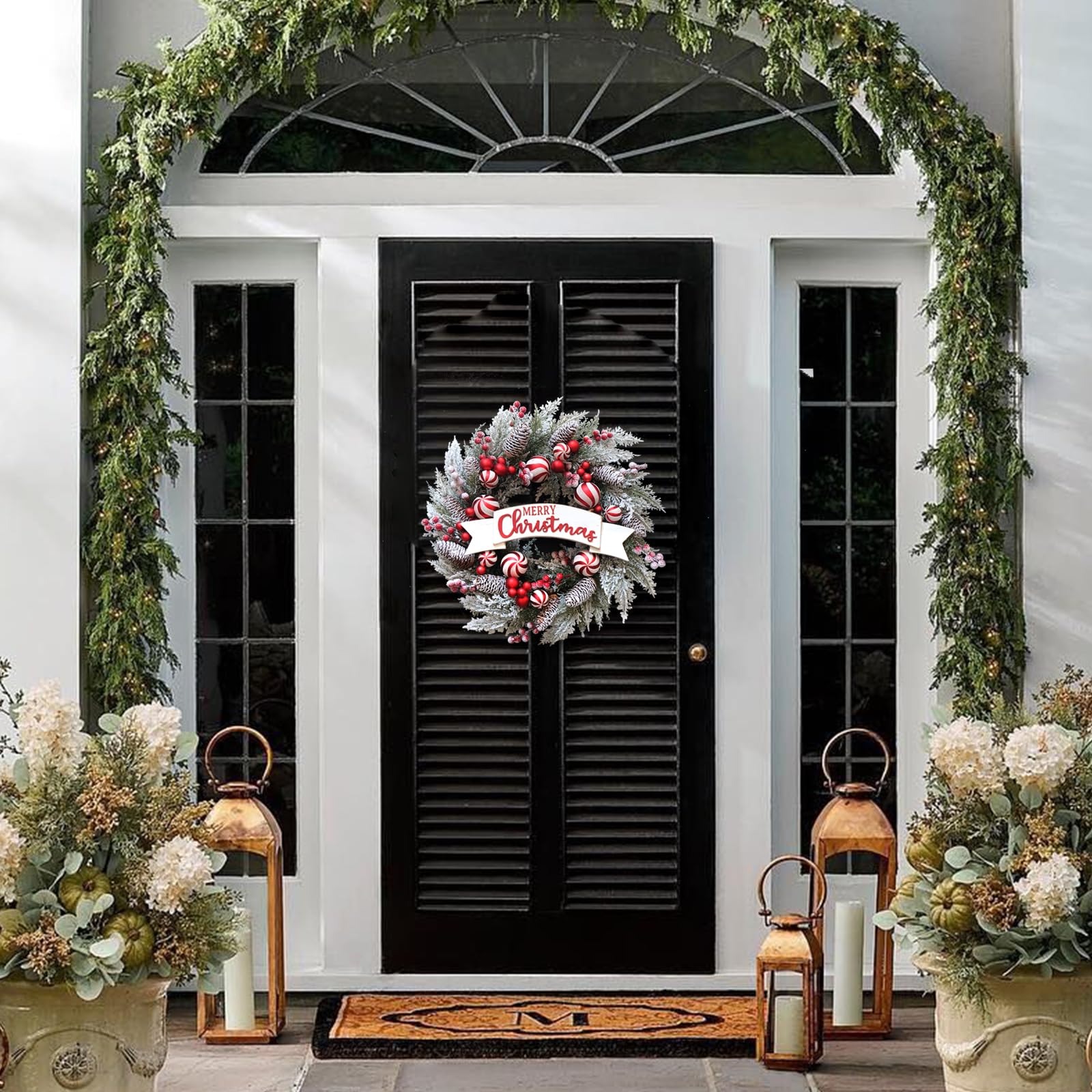 Corona de Navidad artificial de 24 pulgadas para puerta delantera con bolas, bayas, agujas de pino, conos de pino, decoraciones de Navidad para interiores y exteriores, ventana, hogar,