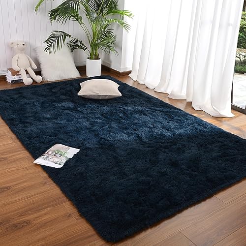 DETUM Alfombra azul marino de 4 x 6 pies, esponjosa para dormitorio, sala de estar, alfombra peluda grande de 48 x 72 pulgadas, decoración de