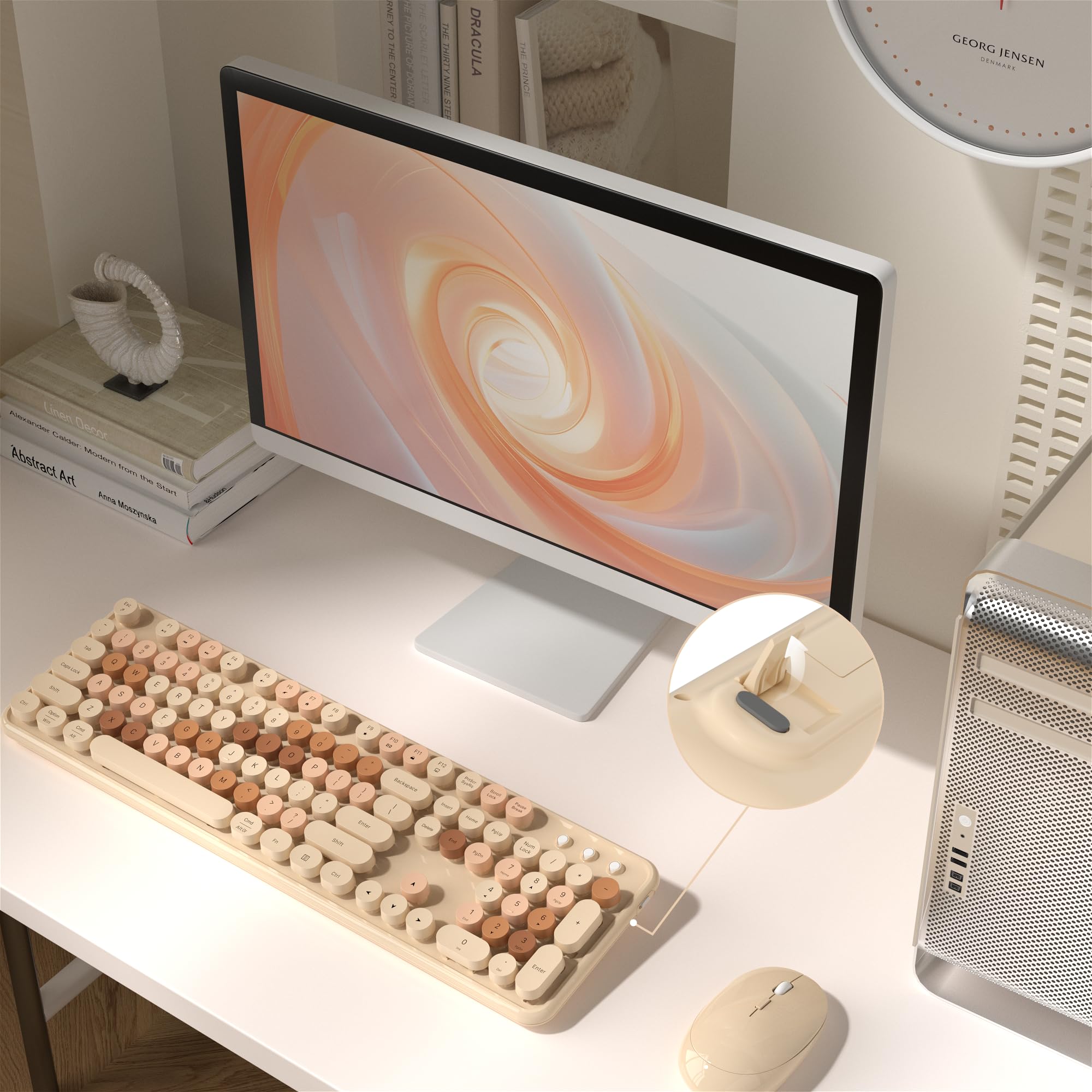 MPTOG Combo de teclado y mouse inalámbricos coloridos para computadora con teclas redondas de máquina de escribir, diseño retro, interruptor de encendido, diseño ergonómico, inalámbrico de 2.4 GHz