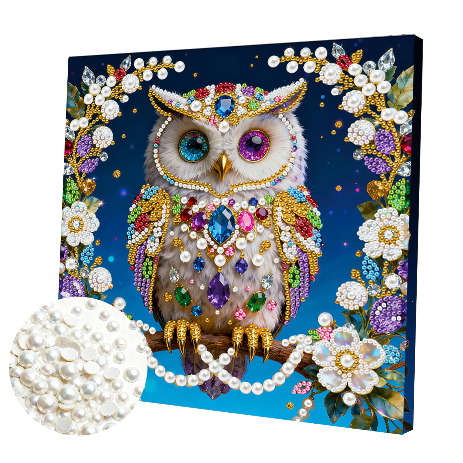 DIY Pearl Painting Kit with Wooden Frame, 3D Plastic Pearl Gemstone Ocean Art Craft for Adults Beginners, Diamond Dot Painting, Home Wall Decor Ready Gift for Women(Flower Owl)(25 * 25cm)