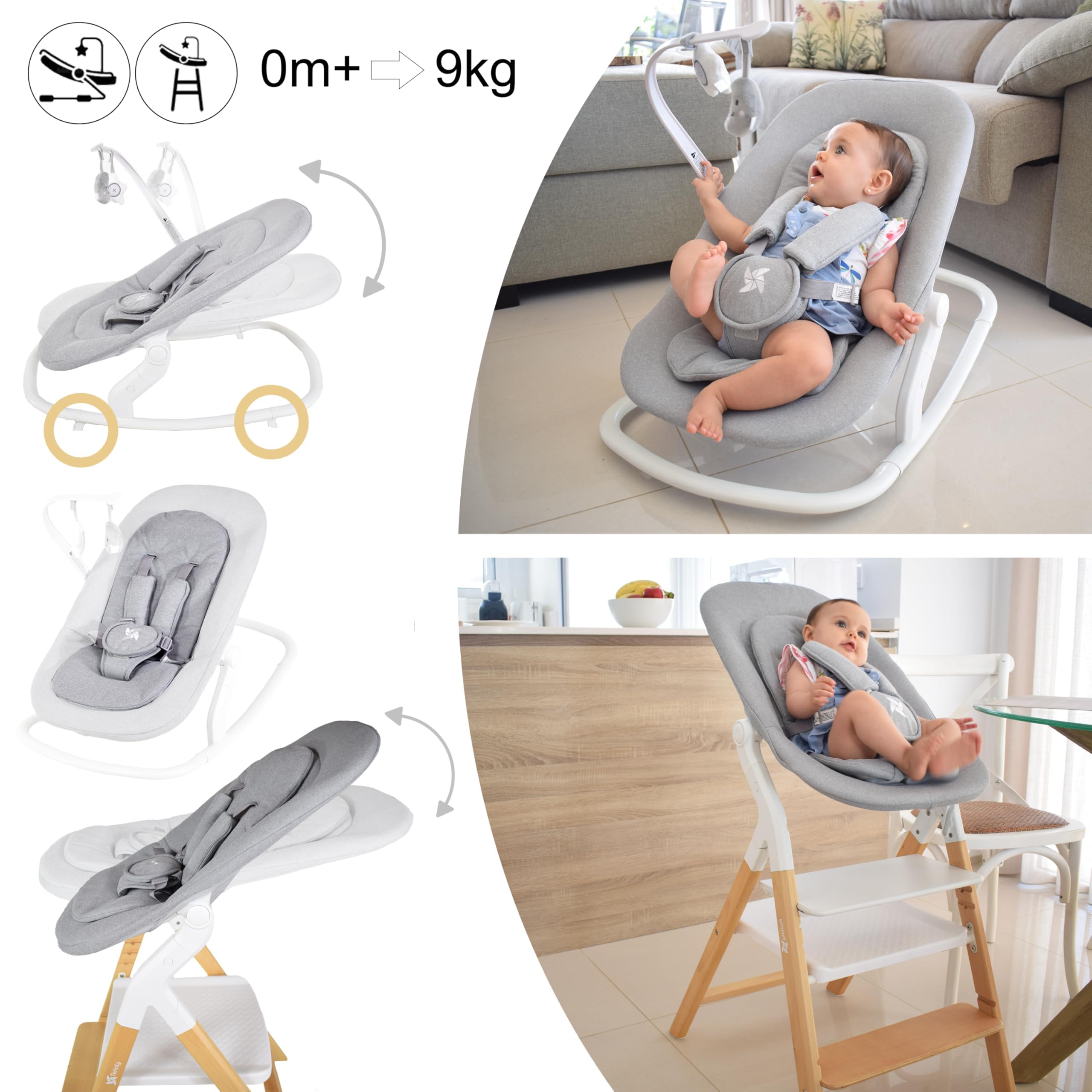 Twinly - Seggiolone Pappa Evolutivo 5 in 1 Multifunzione Funzione Dondolo, Torre di Apprendimento, Sedia - dalla Nascita 0m+ - Pieghevole e Ergonomica in Legno di Faggio- Alaia