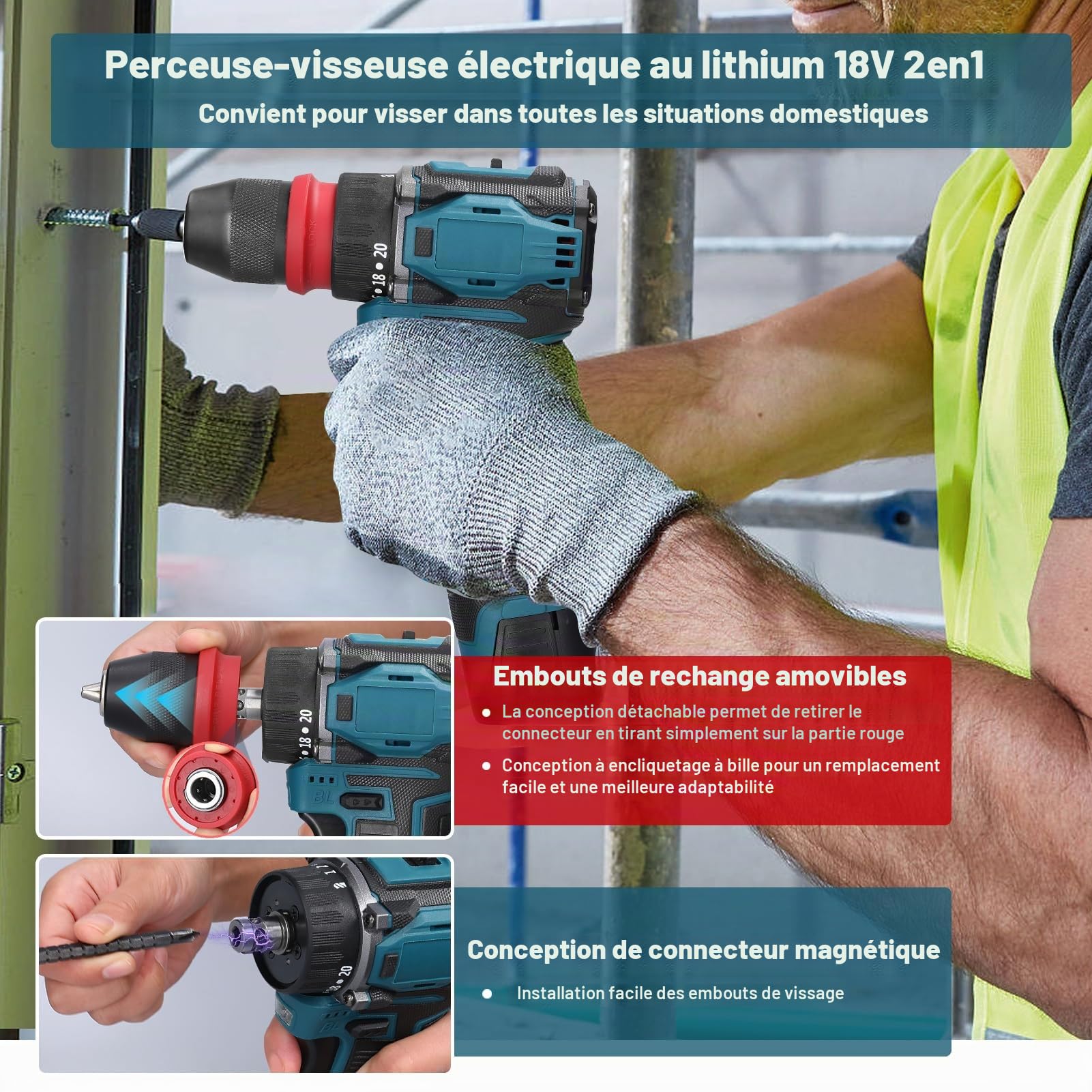 Weytoll Perceuse-visseuse sans fil 18 V, deux batteries 1300 mAh, couple max 45 Nm, 23 + 1 niveaux de couple, 2 vitesses, lampe de travail LED pour réparation et bricolage