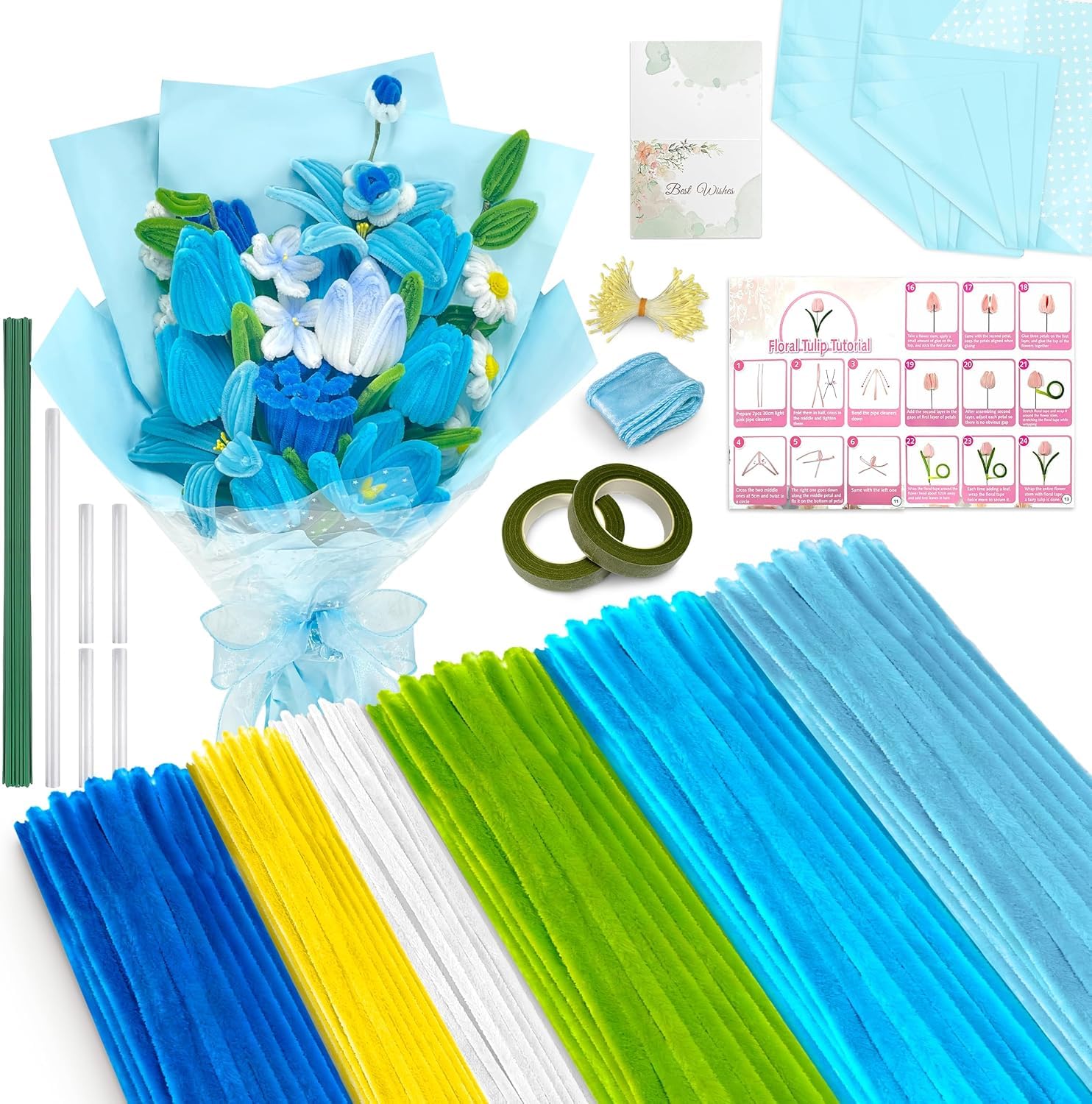 500 PCS Blue Pipe Cleaners Craft Kit, 6 Colours 12inch x 6mm Chenille Stems for Flower Making, pipe cleaner flower kit with Floral Stems, Wrapping Paper, Stamens & Step-by-Step Instructions