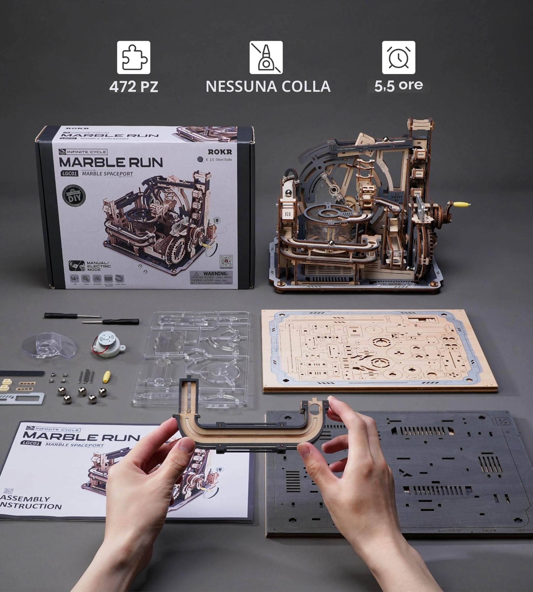 ROKR Puzzle 3D in Legno Piste da Corsa Elettrica Idea Regalo per Uomini Night City 2.0 (Marble Spaceport)
