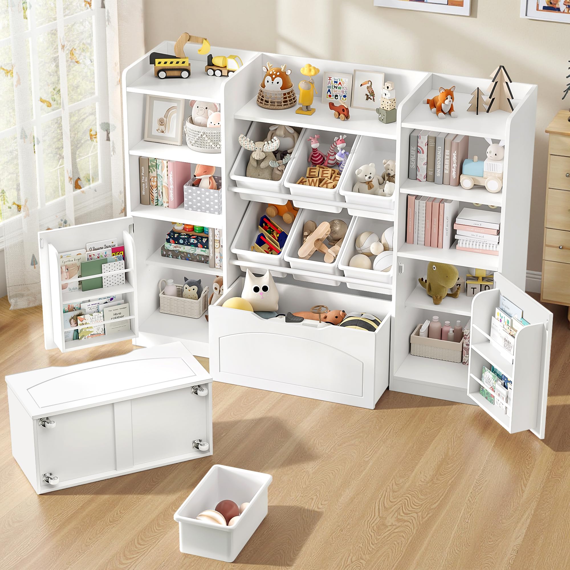 FINETONES 55” Toy Storage Organizer with Removable Bins, 5-in-1 Kids Bookshelf with Movable Chests and Book Shelves Behind The Doors, Toy Organizer Playroom with 6 Toy Bins and 8 Storage Cubes, White