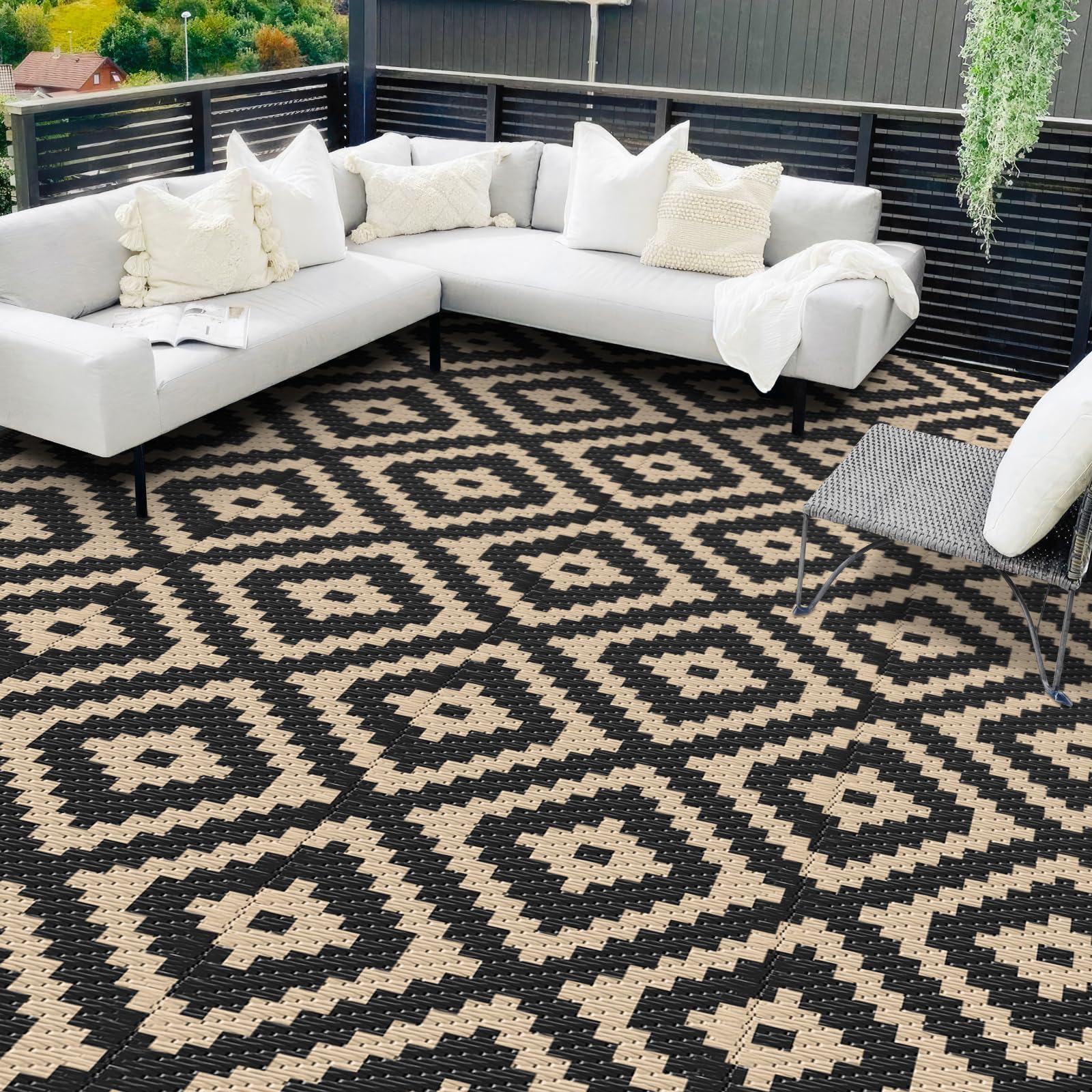 Mattitude Waterproof Outdoor Rug, Reversible Patio Rug, 8'x10' Black & Beige