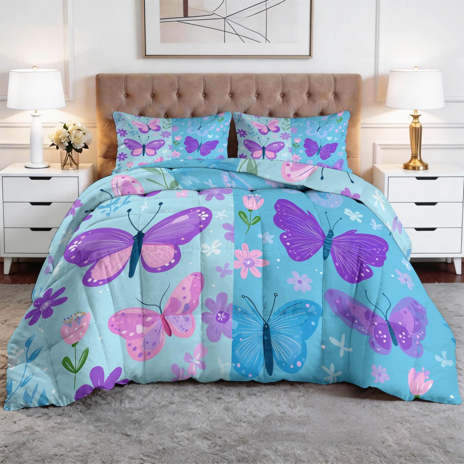 Trapunta Copriletto 260x240 cm Farfalle Fiori Trapuntino 4 Stagioni Stampa 3D, Trapunta Inverno Estivo, Trapuntato Coperta Letto per Adulti Bambini