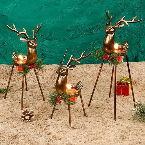 Miniatura 3 de Juegoal Juego de 3 portavelas de reno para velas tealight, decoraciones navideñas de hierro en metal, portavelas de vidrio para votiva, centro de