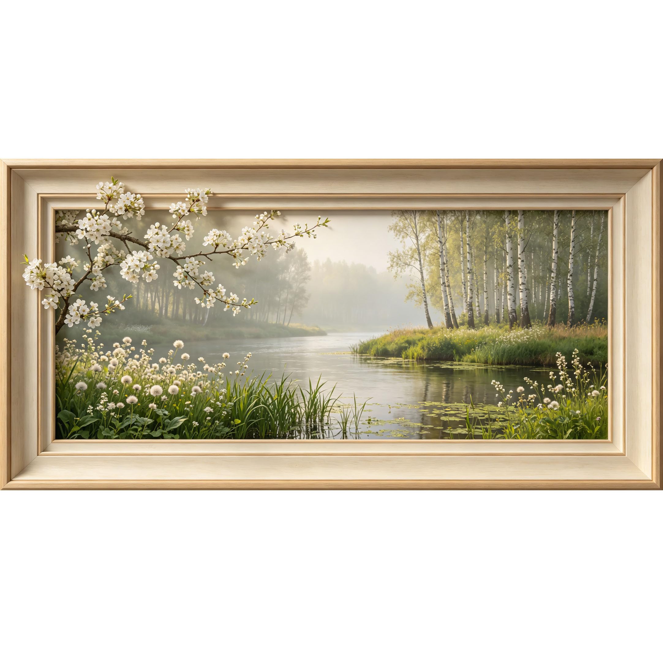 Agglomerix 3D Framed Wall Art White Cherry Blossom Birch Tree Forest Lake Landscape Botanical Nature Scene Large Size SelfAdhesive Removable Wall Decor Prints Artwork for Living Room Bedroom Office