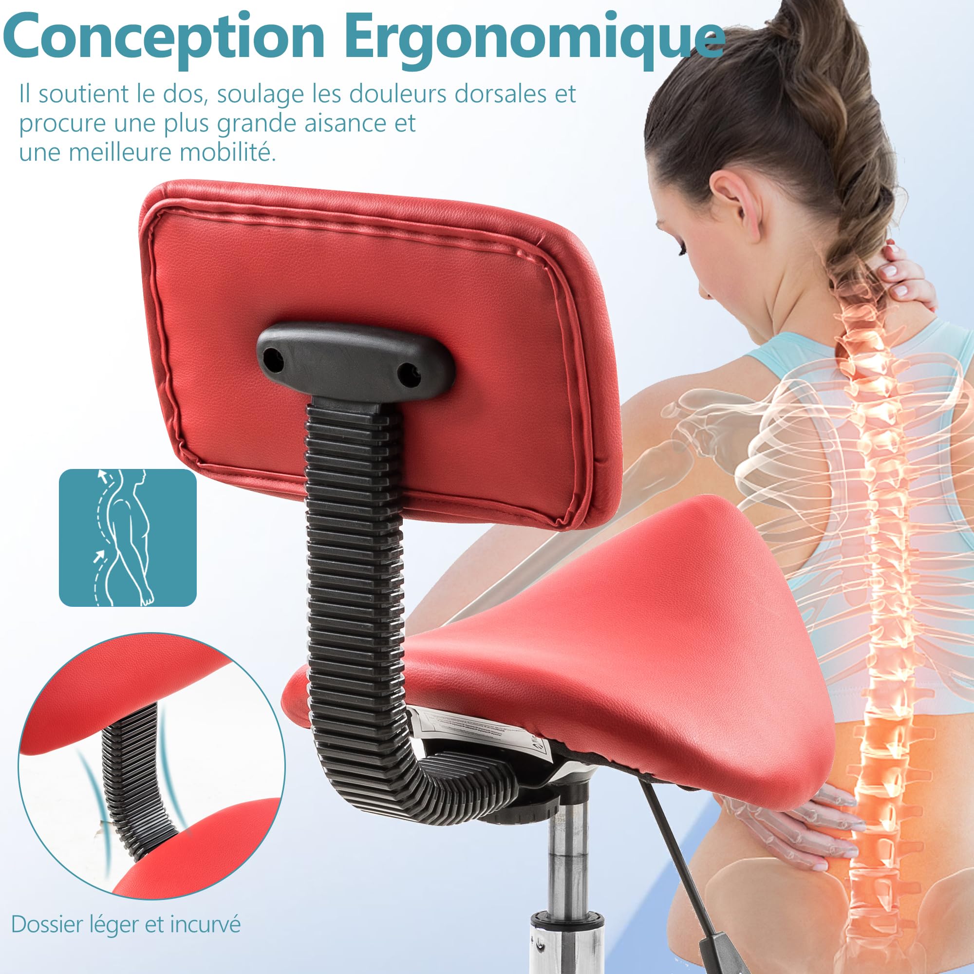Mingone Tabouret de travail ergonomique pivotant à 360° - Hauteur réglable - Avec dossier à roulettes - Rouge