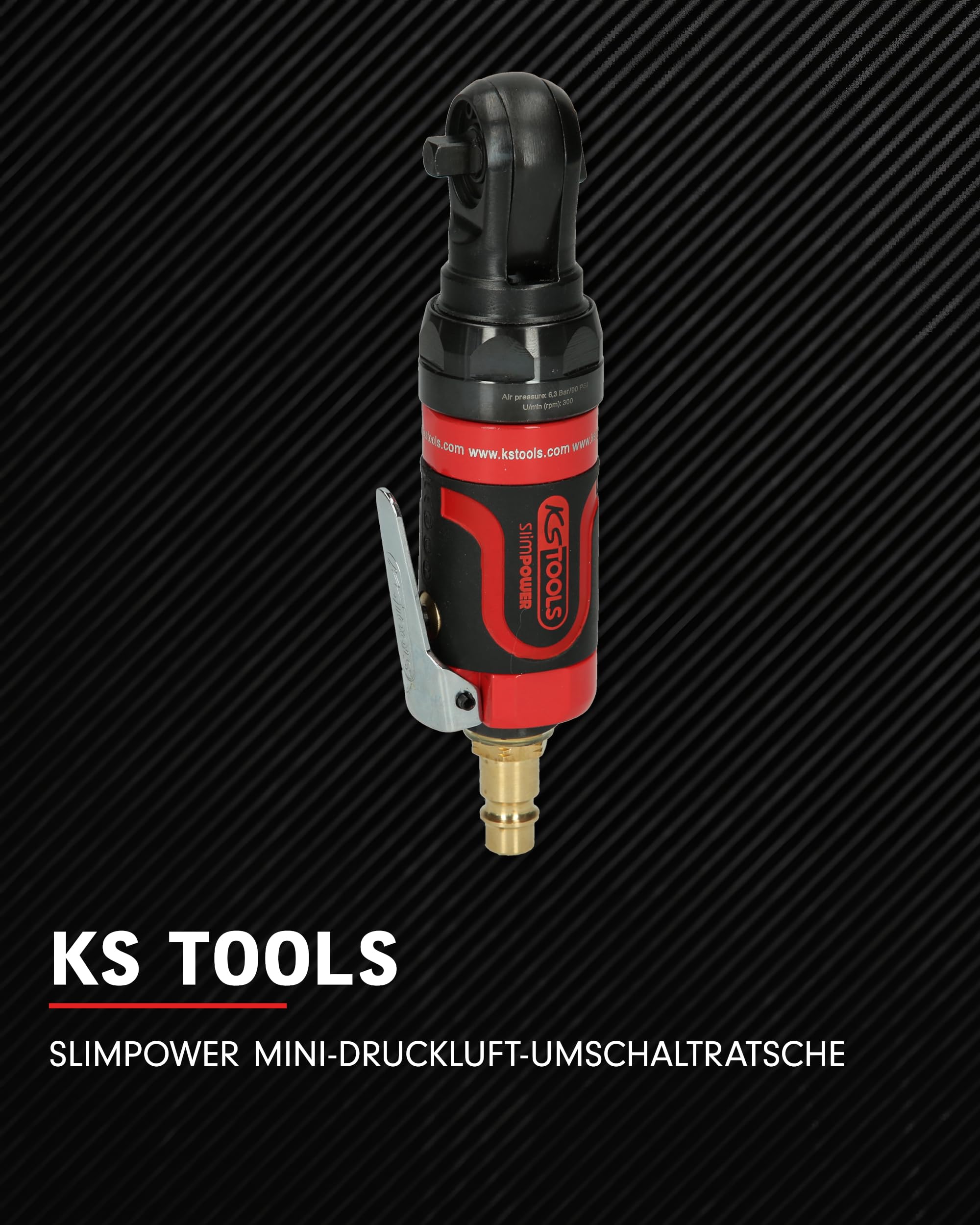 KS Tools Mini Druckluft Ratsche 1/4" SlimPOWER 515.5505 I Umschaltratsche mit Vierkantantrieb nach DIN 3120 / ISO 1174 mit Kugelarretierung I 3-fach Verzahnung I 30Nm