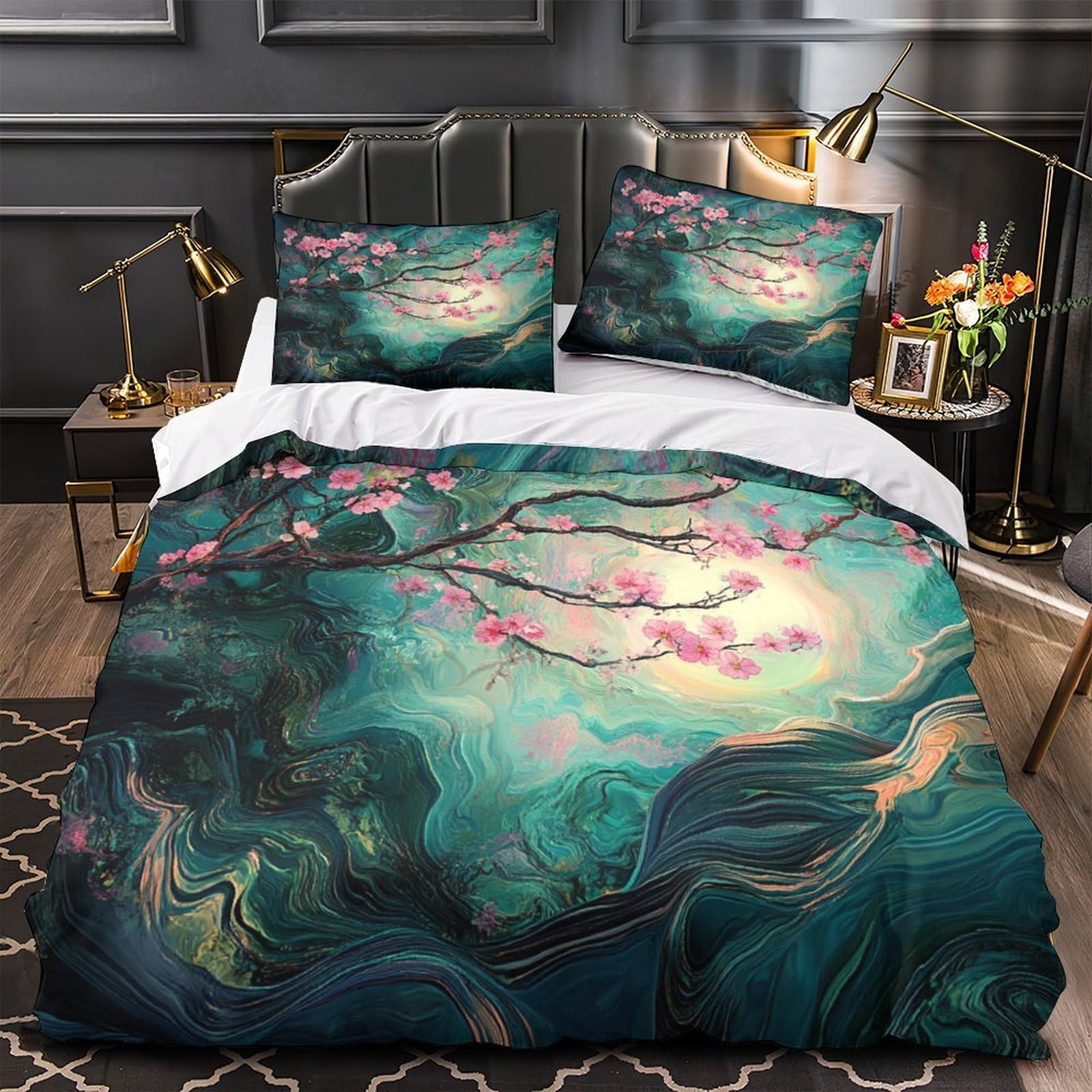 Housse de couette fleurs de cerisier 3D zippée pour simplifier le lit des couples au quotidien