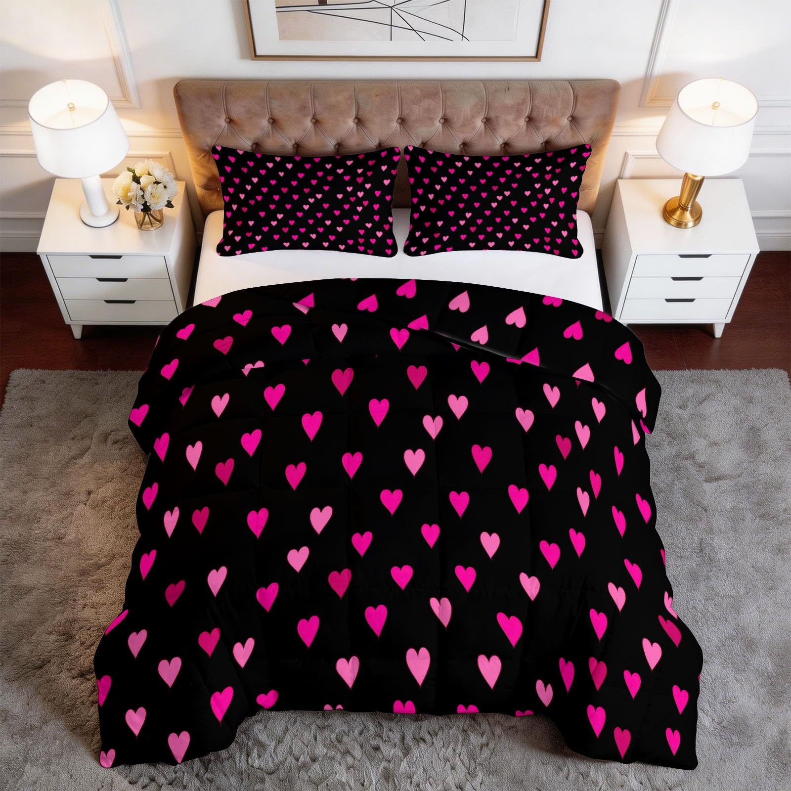 Trapunta 4 stagioni 240 x 260 cm Cuori Rosa Tema Romantico Trapunta Temperata Cotone Edredon Ultra Gonfiante con 2 Federe Cuscino per Allergico