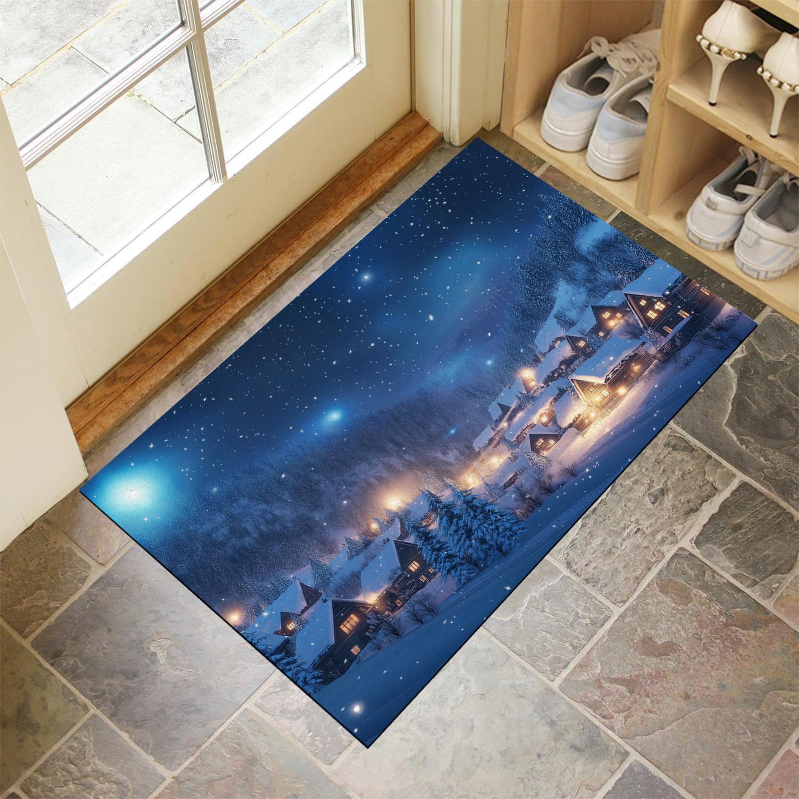 Paillasson extérieur village enneigé 40x60 cm tapis de porte lavable