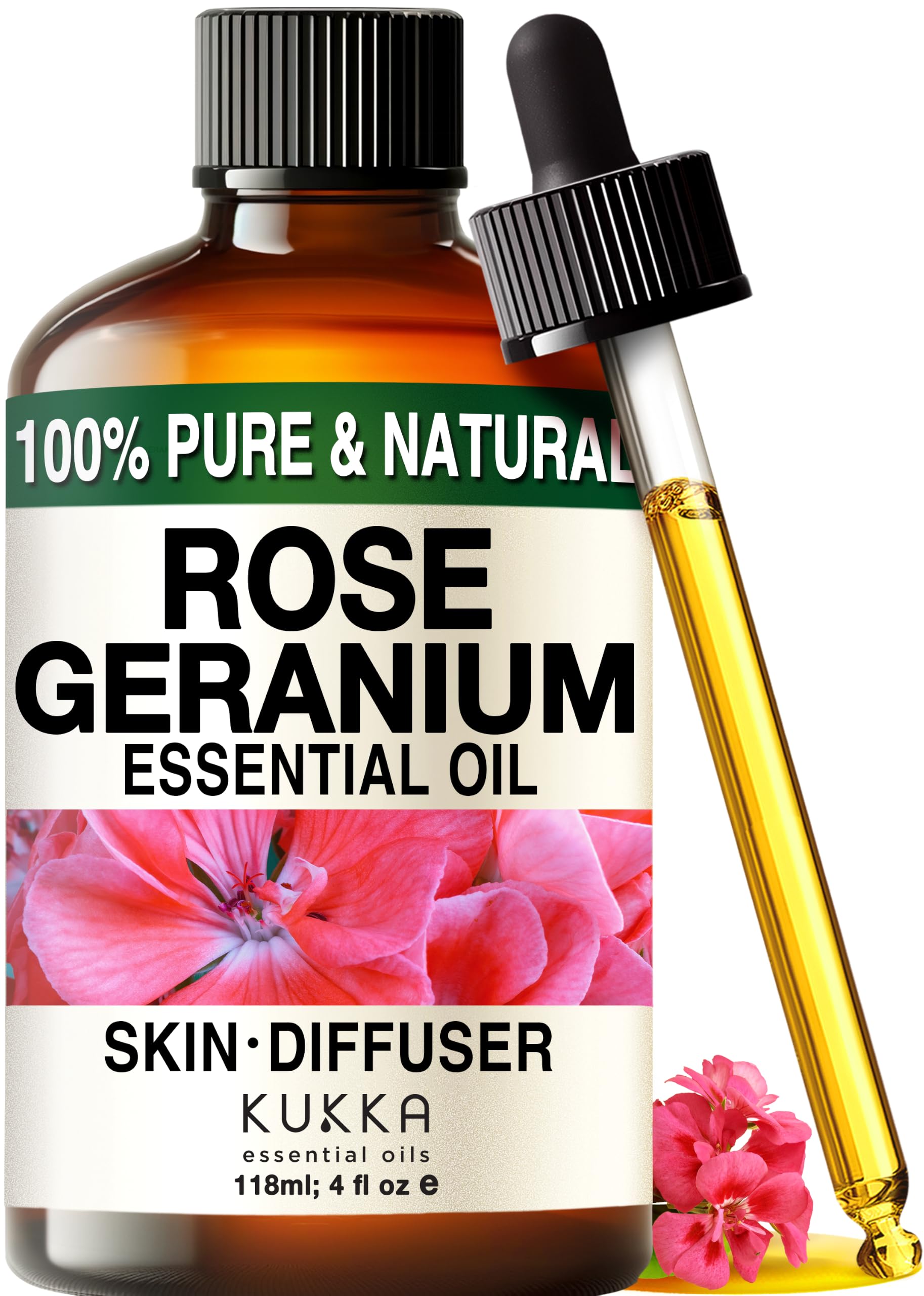 Kukka 100% Pure Rose Geranium Essential Oil for Skin, Diffuser, 4 Fl Oz