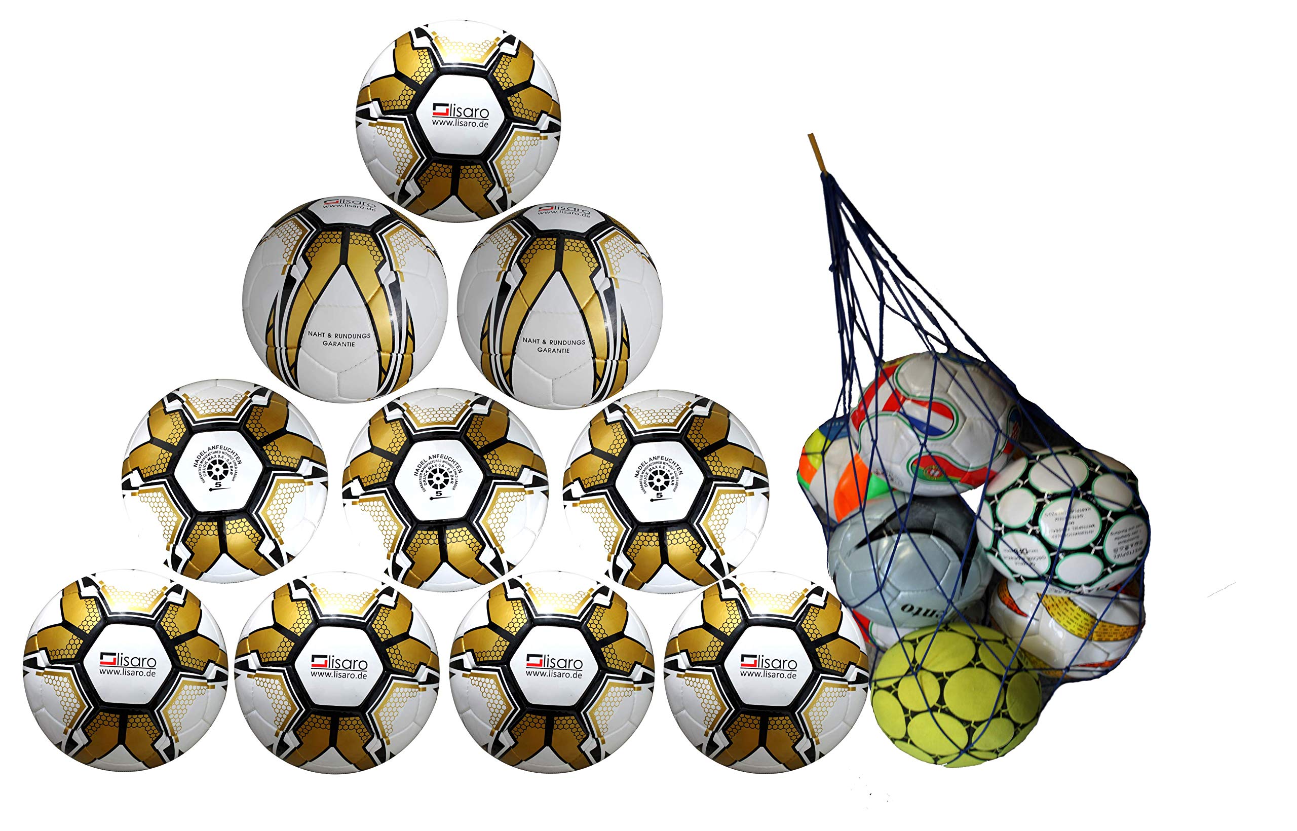 lisaro 10 palloni da calcio / confezione da 10 palline da allenamento misura 5 bianco/oro + rete inclusa