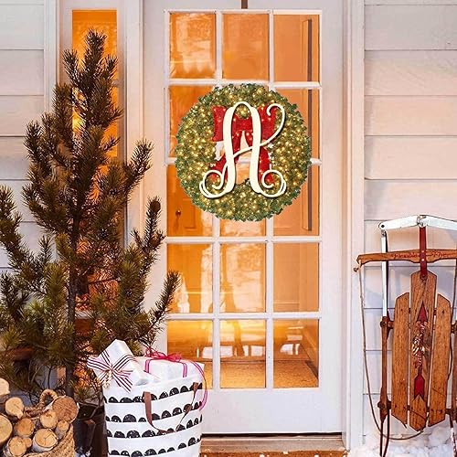 Miniatura 5 de Corona de Navidad de apellido personalizada de 16 pulgadas con lazo iluminado, luces LED, 26 letras preiluminadas de abeto para puerta delantera,
