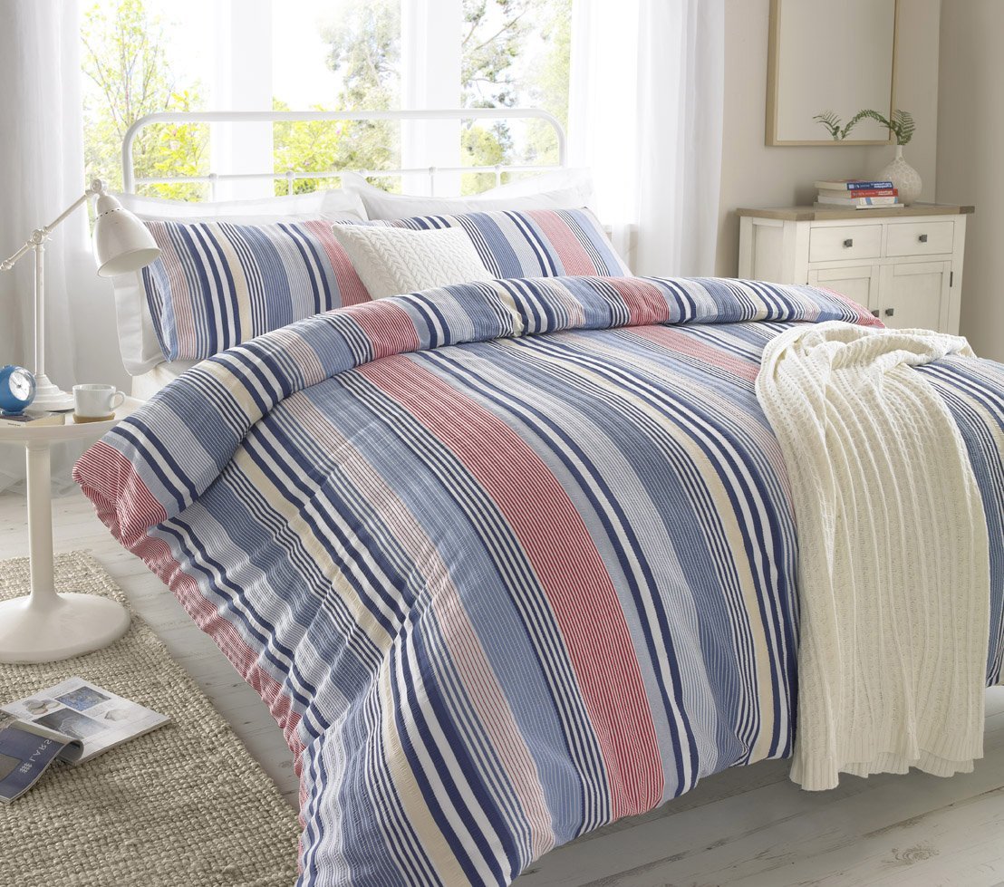 PIERIDAE Stripe Seersucker Duvet Cover & Pillowcase Set Bedding Quilt Case Single Double King Bedding Bedroom Daybed (King)