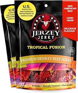Jerzey Jerky Tropical Fusion Brisket Jerky 2.5oz (2 Pack) – High Protein, Gluten Free and Healthy Beef Snacks with Rich, Authentic Flavor