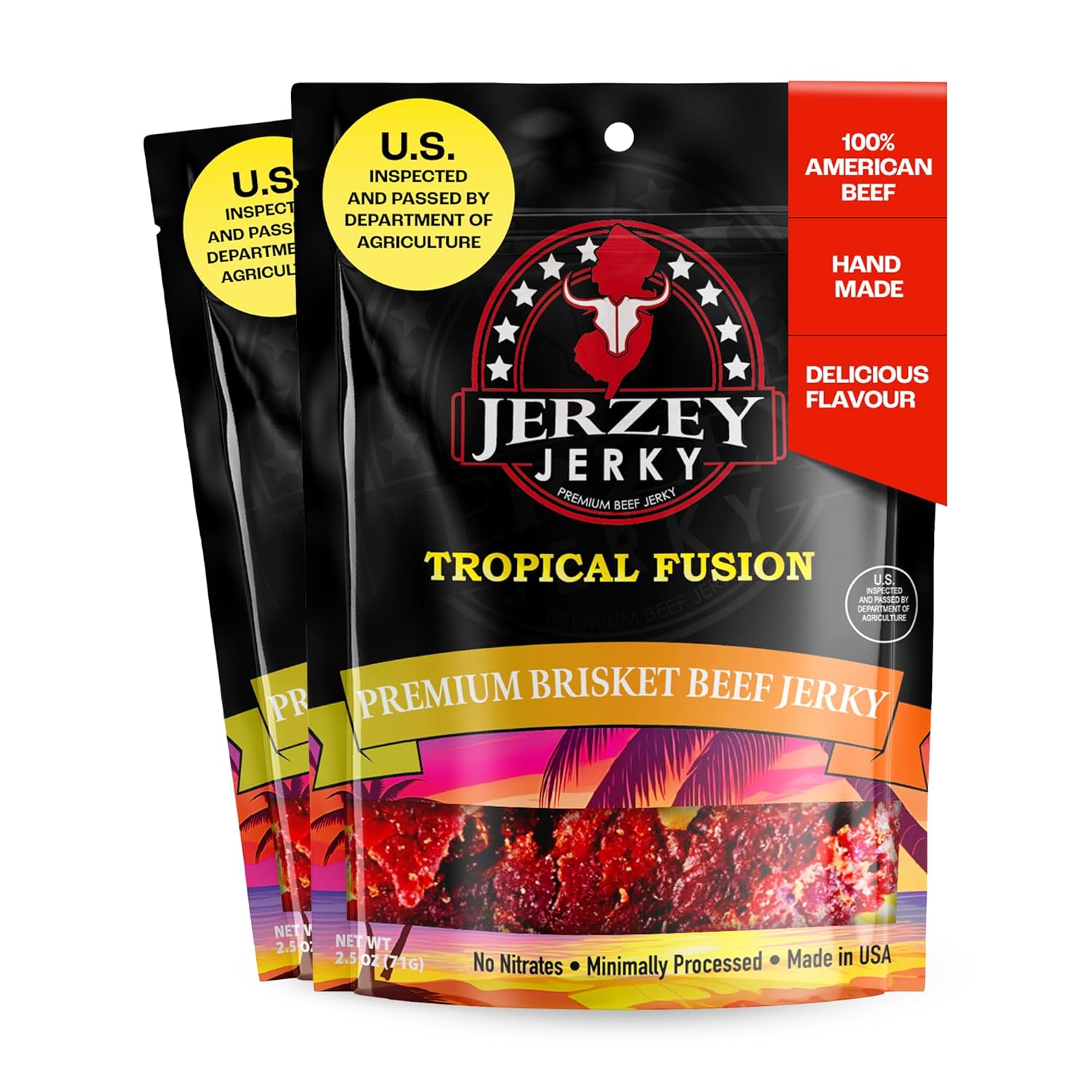 Jerzey Jerky Tropical Fusion Brisket Jerky 2.5oz (2 Pack) – High Protein, Gluten Free and Healthy Beef Snacks with Rich, Authentic Flavor