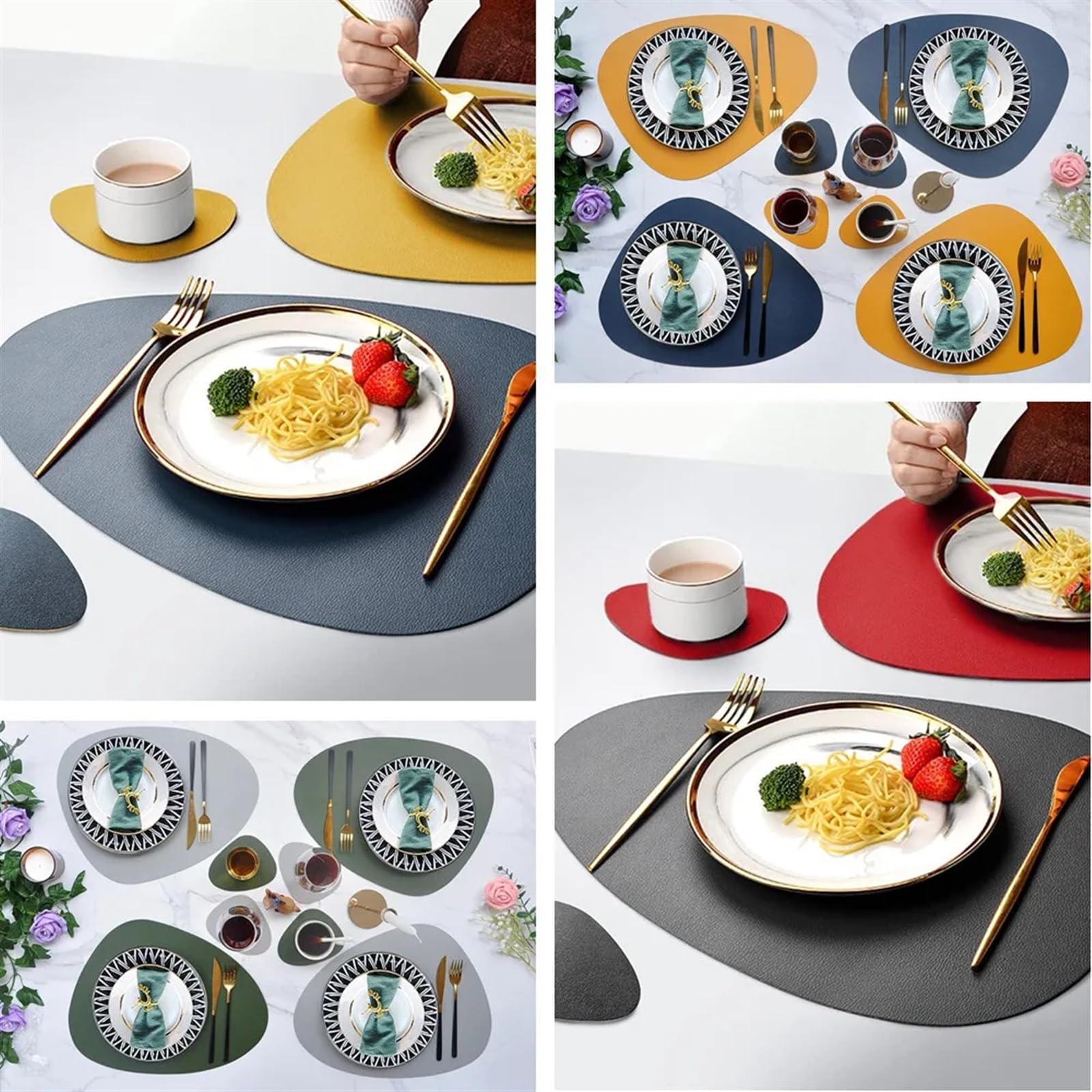 Juego de manteles Juego de manteles Individuales Cuero PU Forma Irregular, Impermeables a Prueba Aceite Doble Cara for Cocina, mesas bistró, Bares, cafeterías(Red Black,Set of 8)