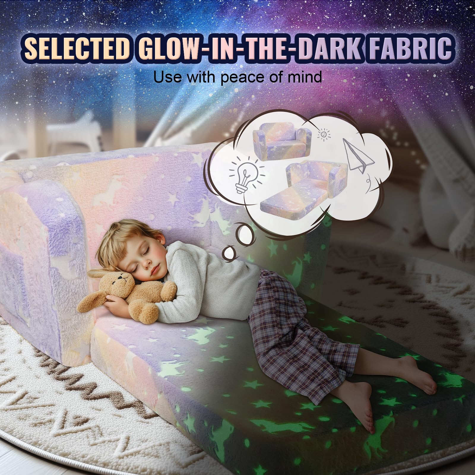 VEVOR Seggiolone Pieghevole 2 in 1, Divano Letto per Bambini Comodo, Divano Schiuma 25D Convertibile, Mobili da Sala Giochi per Bambini Arcobaleno