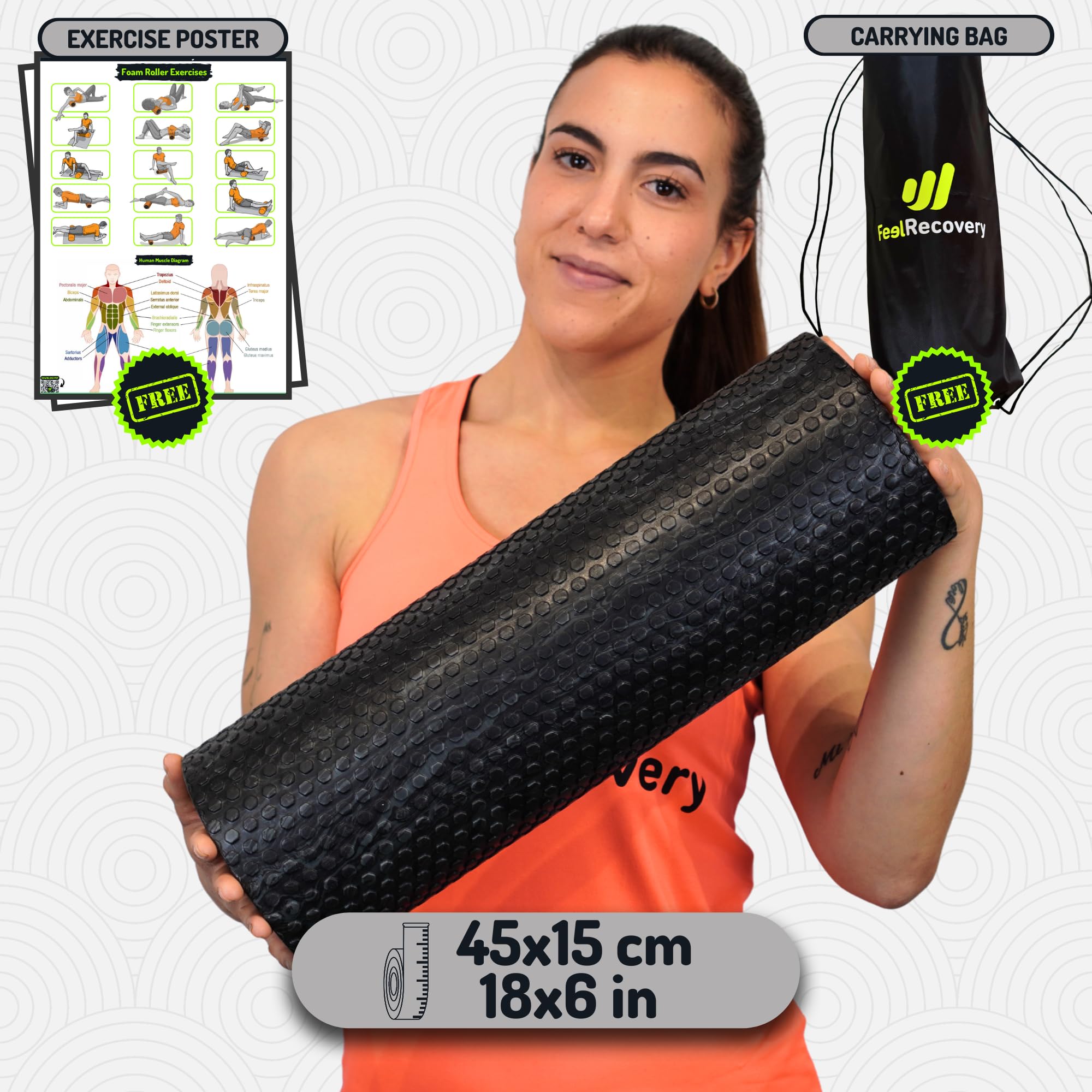Foam Roller Masaje Muscular (45x15 cm) - Rodillo de Espuma EVA Densidad Media para Contracturas, Fisioterapia, Recuperación, Yoga, Pilates y Fitness - Rulo de Automasaje