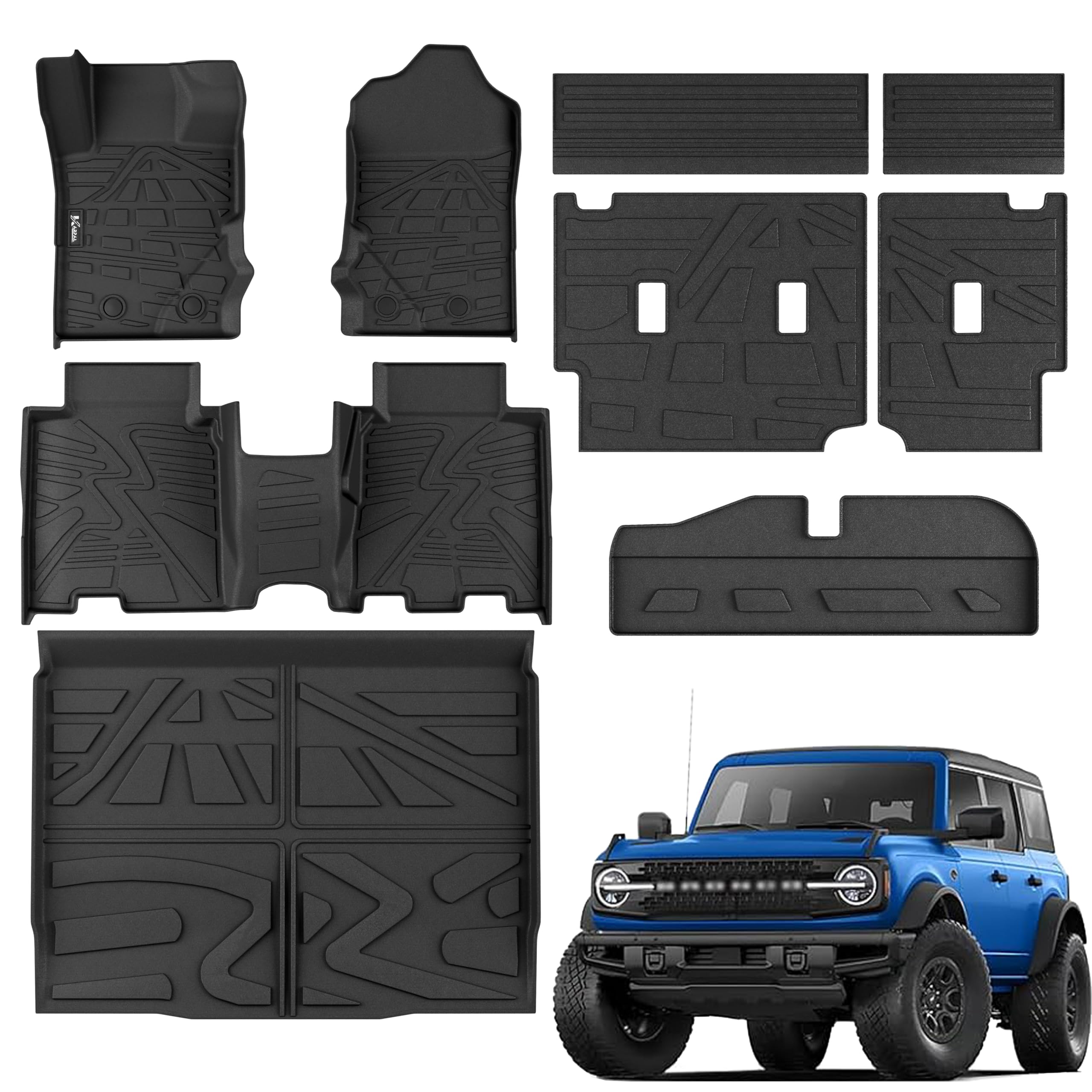 KARPAL Floor Mats for Ford Bronco 4 Door 2021-2025 (Not for Sport), All Weather Protection TPE Floor Liners Heavy Duty Cargo Mats Full Set Car Mats, Front & 2nd Row & Cargo Liner & Rear Backrest Mat