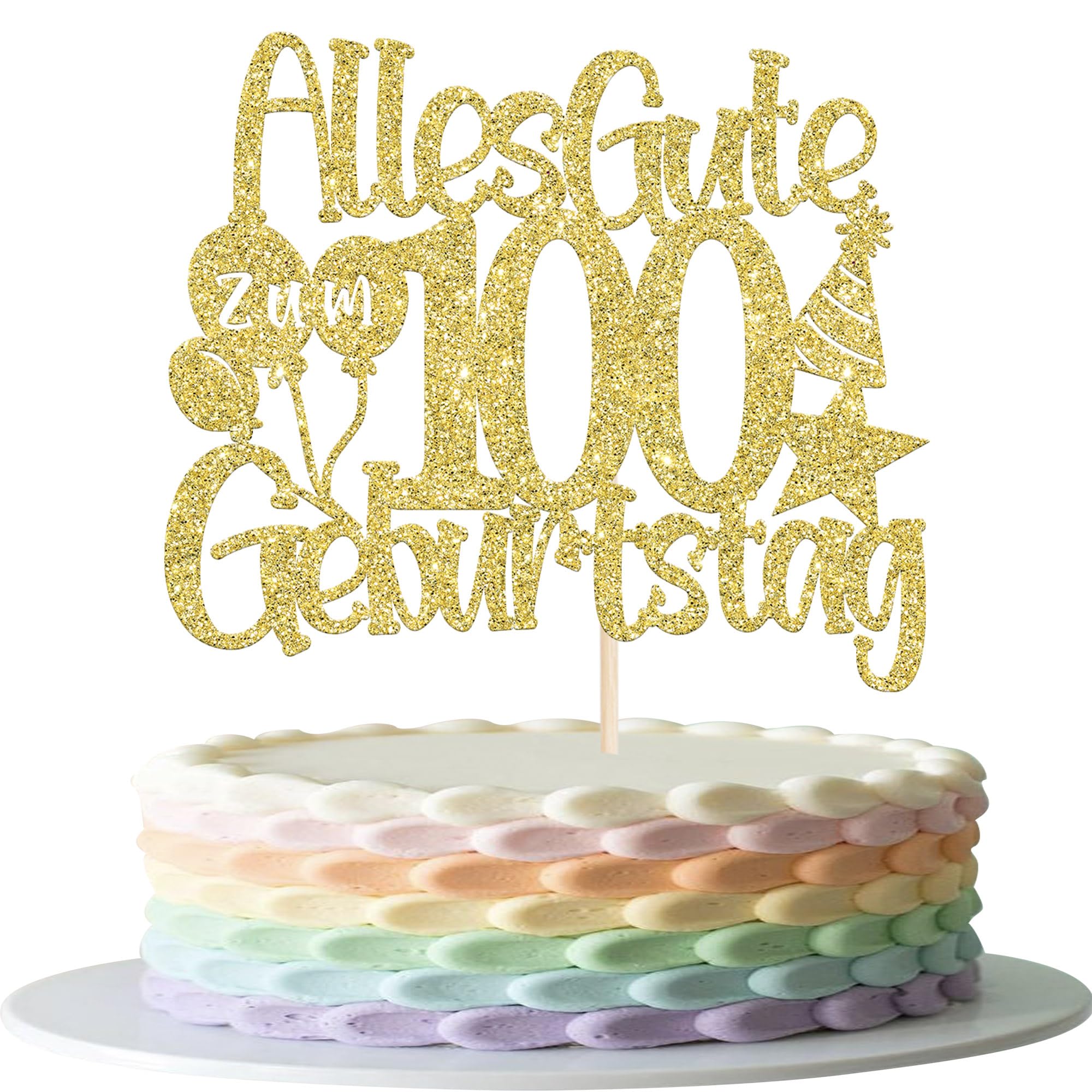 1 Stück Alles Gute zum 100 Geburtstag Tortendeko 100th Luftballon Hut Muster Kuchen Deko Happy Birthday Cake Topper für 100th Geburtstag Jahrestag Party Kuchen Dekoration Gold