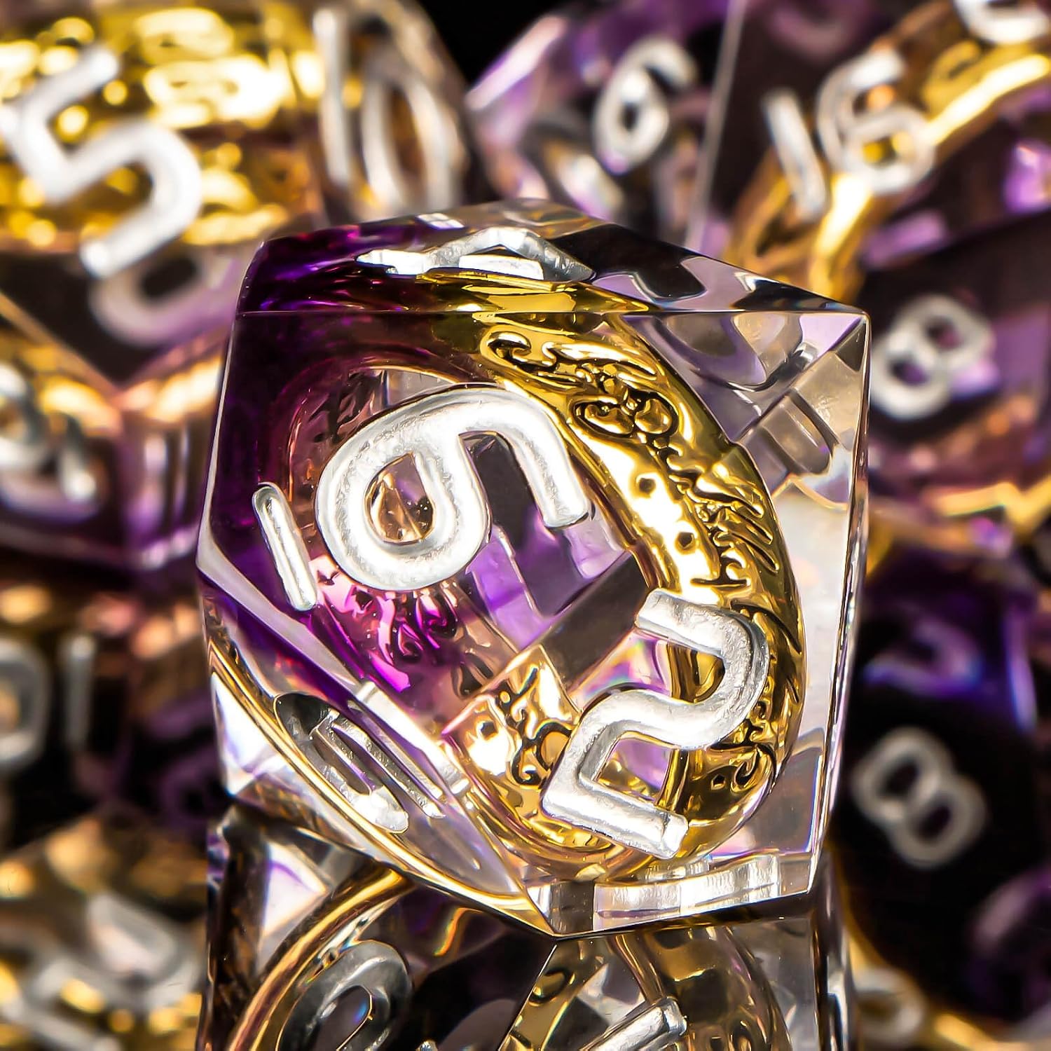 OUKELANWO Magic Lord Rings DND Dice Set with Box, 7Pcs Resin LOTR D&D Dice Set for Role Playing Game, Purple Dungeons Dragons D and D Sharp Edge Dice D20 D12 D10 D8 D6 D4