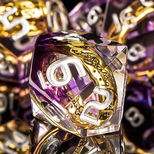 Miniatura 7 de OUKELANWO Magic Lord Rings DND Juego de dados con caja, 7 piezas LOTR D&D para juegos de rol, dados de resina poliédricos morados de borde afilado