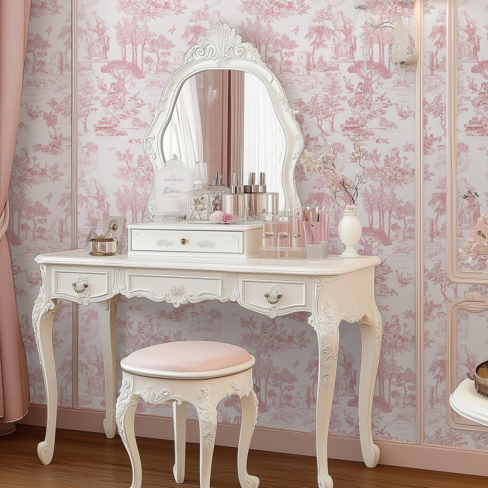 WENMER Toile Wallpaper, 17.7" X 590" Pink and White Peel and Stick Wall Paper, Toile de Jouy Wallpaper, French Vintage Contact Paper for Bedroom, Walls, Backdrop, Cabinet, Home Decor: 17.7" x 118" Pink