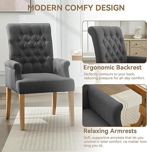 Miniatura 3 de Silla de comedor de tela con brazos, sillas de comedor tapizadas con respaldo alto, sillón decorativo con patas de madera maciza y ribete de cabeza