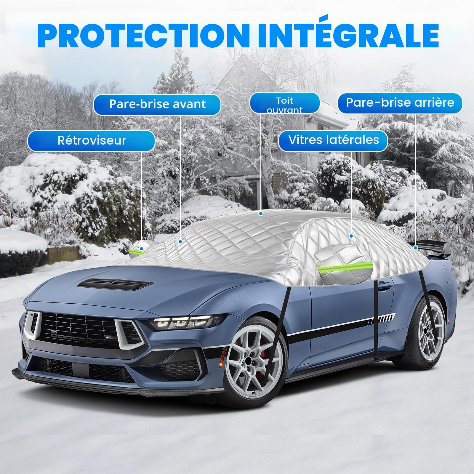 Demi-Housse de Voiture pour 2005-2023 Ford Mustang S197 S550 S650 | 6 Couches, avec Crochets, Bande Réfléchissante et Capuchons D'oreilles, Contre Neige Glace et Givre