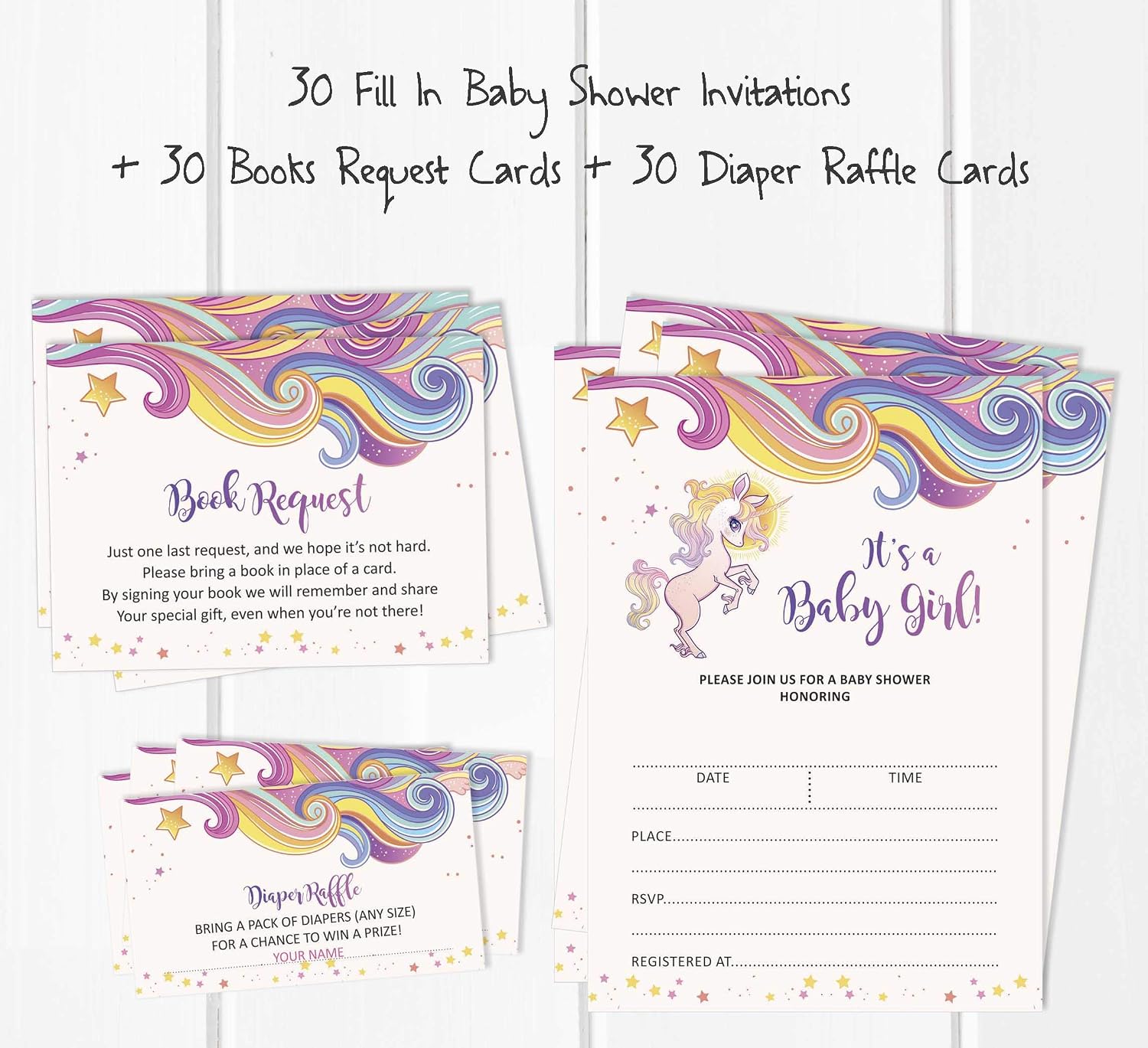 Set of 30 Unicorn Baby Shower Invitations-Diaper Raffle Tickets and Baby Shower Book Request Cards Jungle Animals Invites Its A Boy Its A Girl