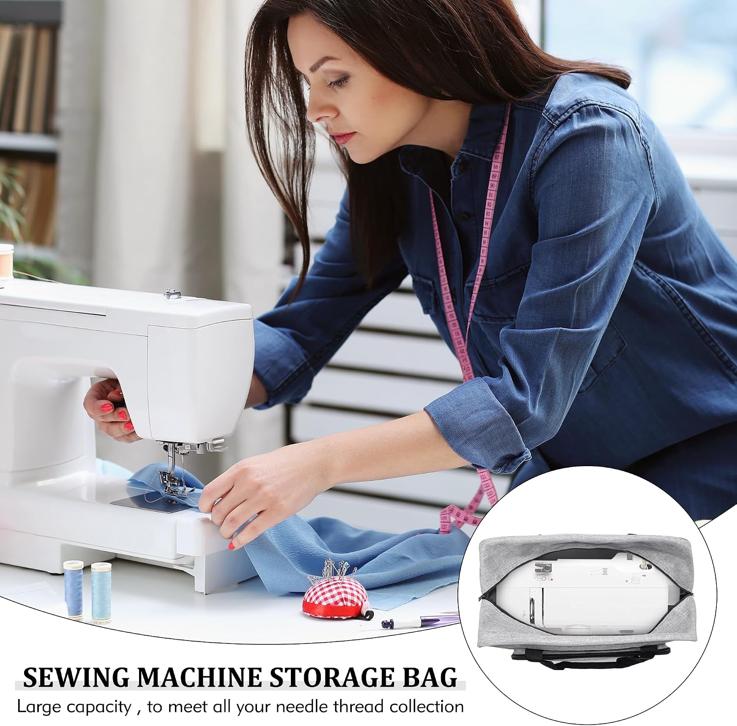 Gray Sewing Machine Carrying Case with Padded Handles and Pockets