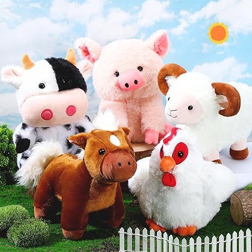 Miniatura 5 de Skylety Juego de 5 animales de peluche de granja de 10 pulgadas, animales de peluche de granja suave, cerdo gallo, caballo, oveja, vaca, juguete